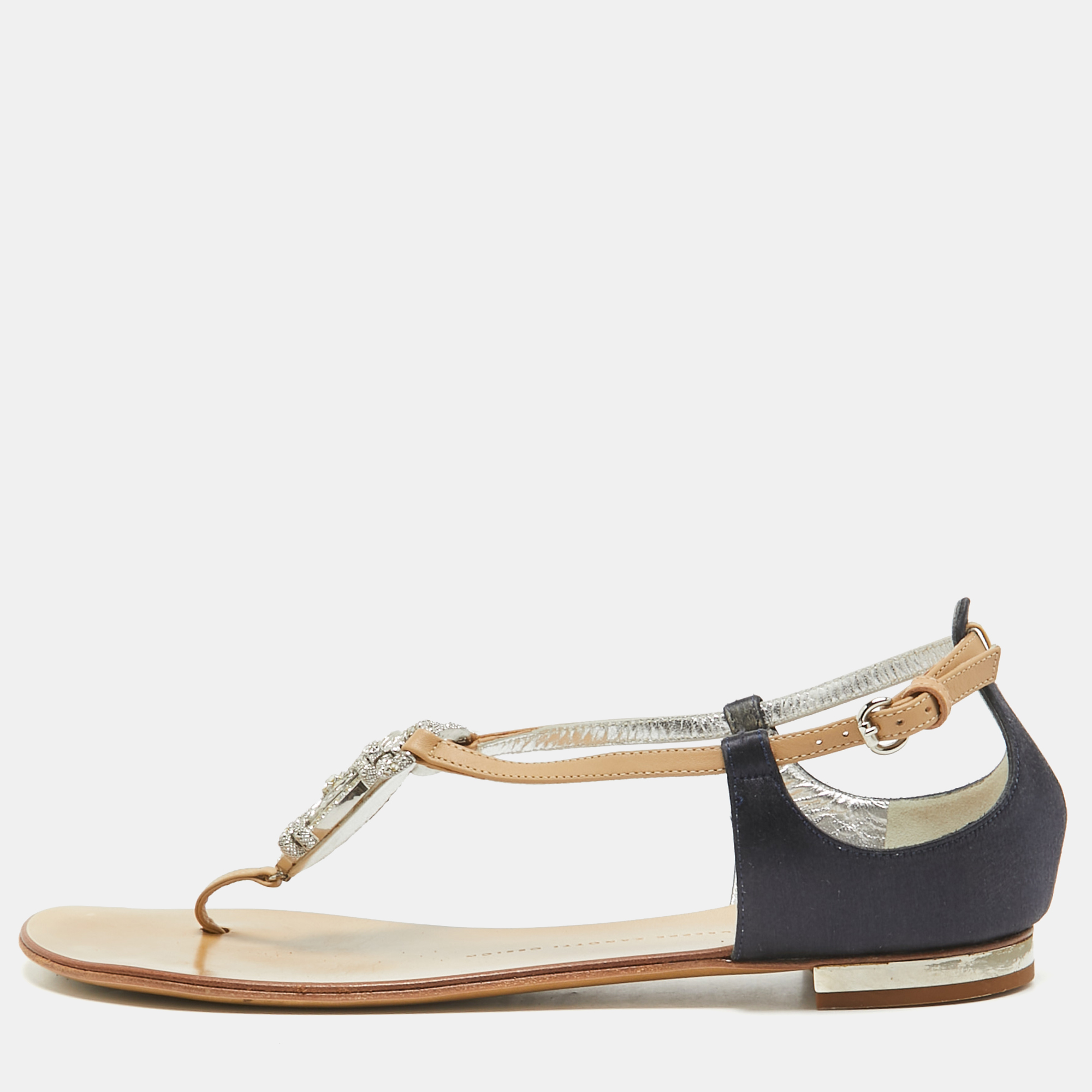 

Giuseppe Zanotti Brown/Navy Blue Leather and Satin Ankle Strap Sandals Size