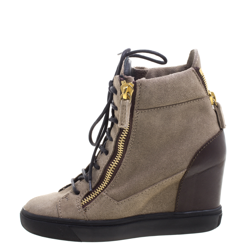 

Giuseppe Zanotti Brown Suede and Leather Hidden Wedge Sneakers Size