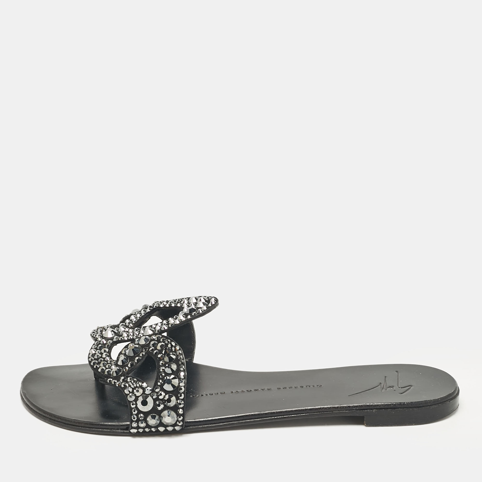 

Giuseppe Zanotti Black Suede Crystal Embellished Flat Slides Size