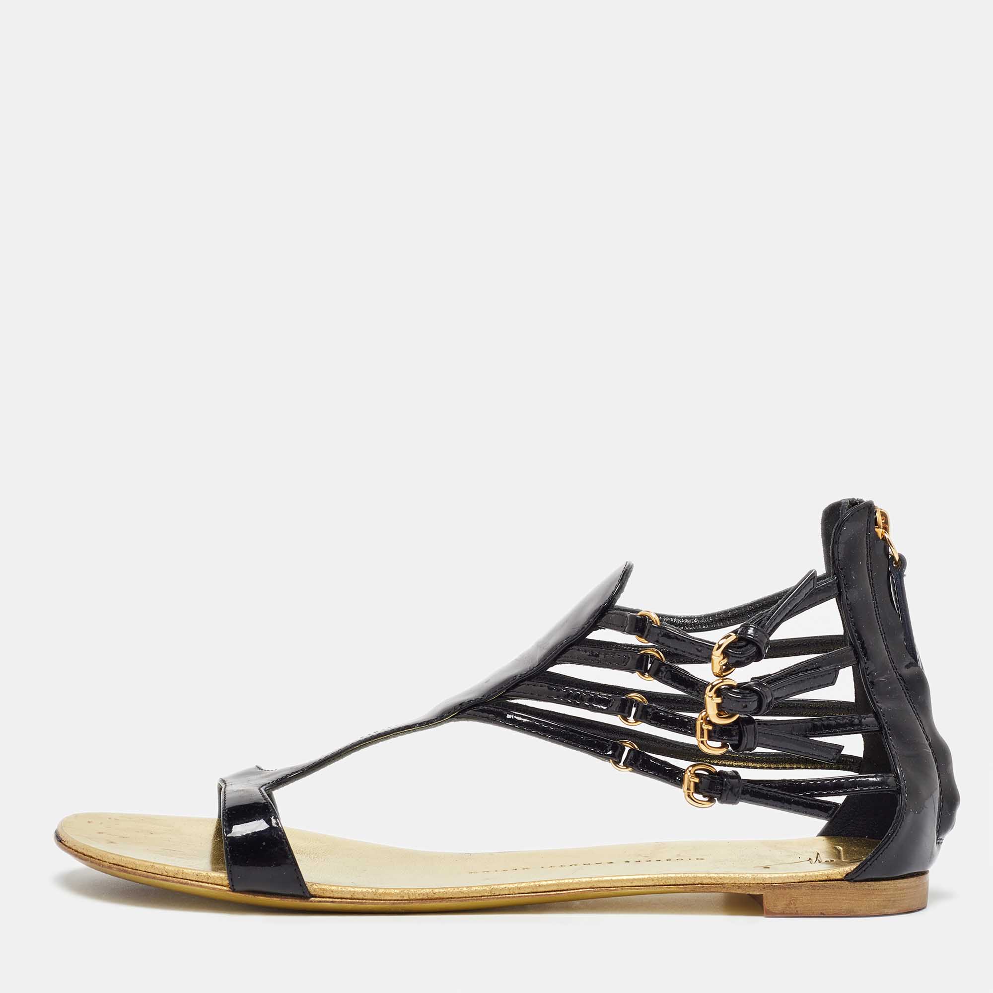 

Giuseppe Zanotti Black Patent Leather Ankle Strap Flat Sandals Size