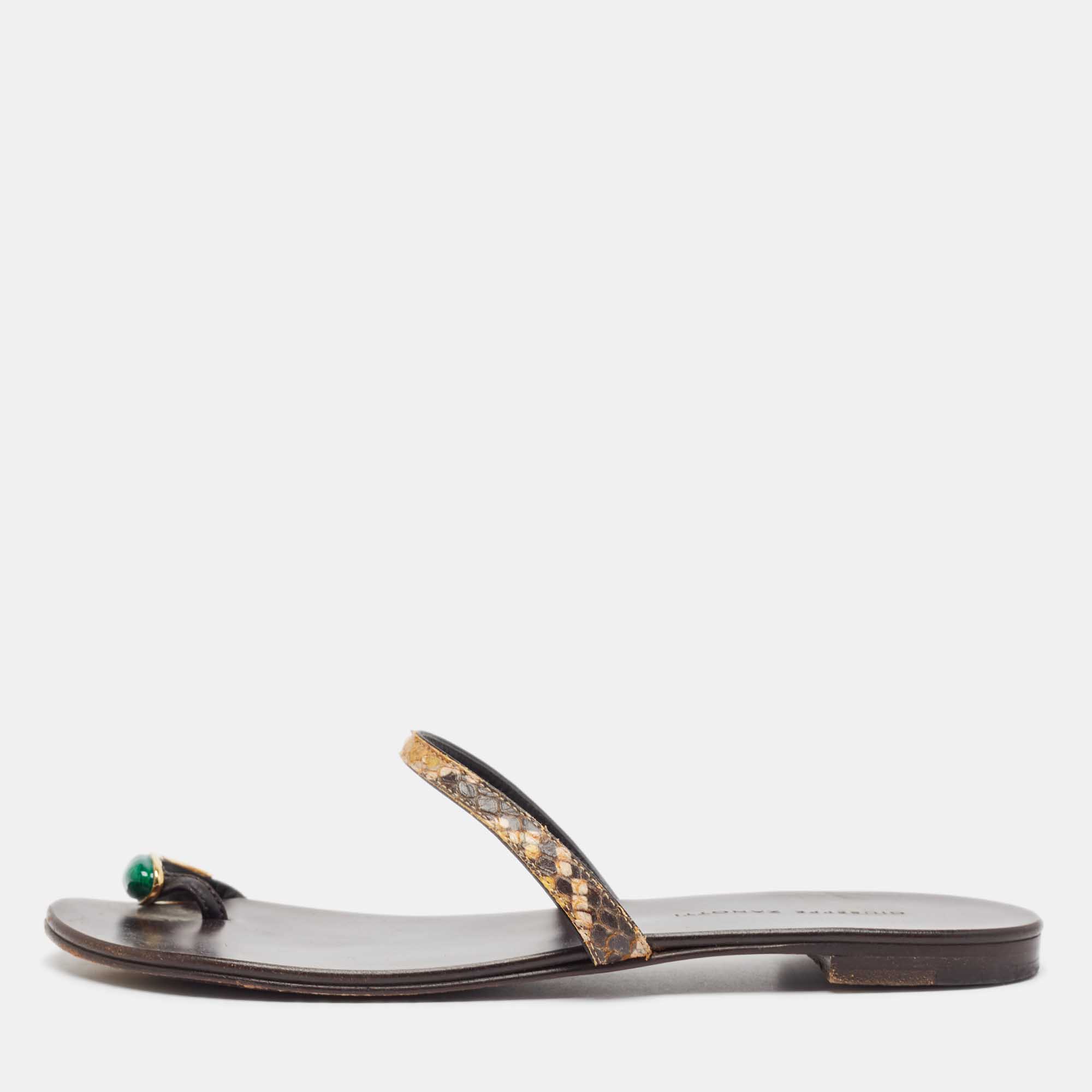 

Giuseppe Zanotti Brown Snakeskin Embossed Leather Flat Slides Size