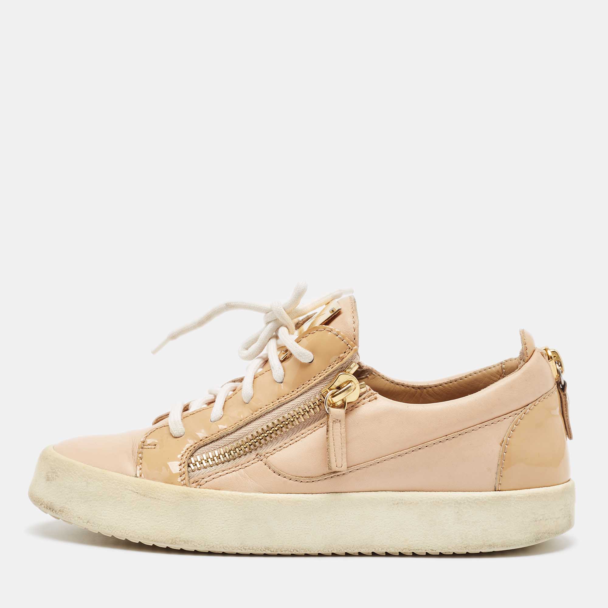 

Giuseppe Zanotti Beige Leather Patent and Leather May London Lace Up Sneakers Size