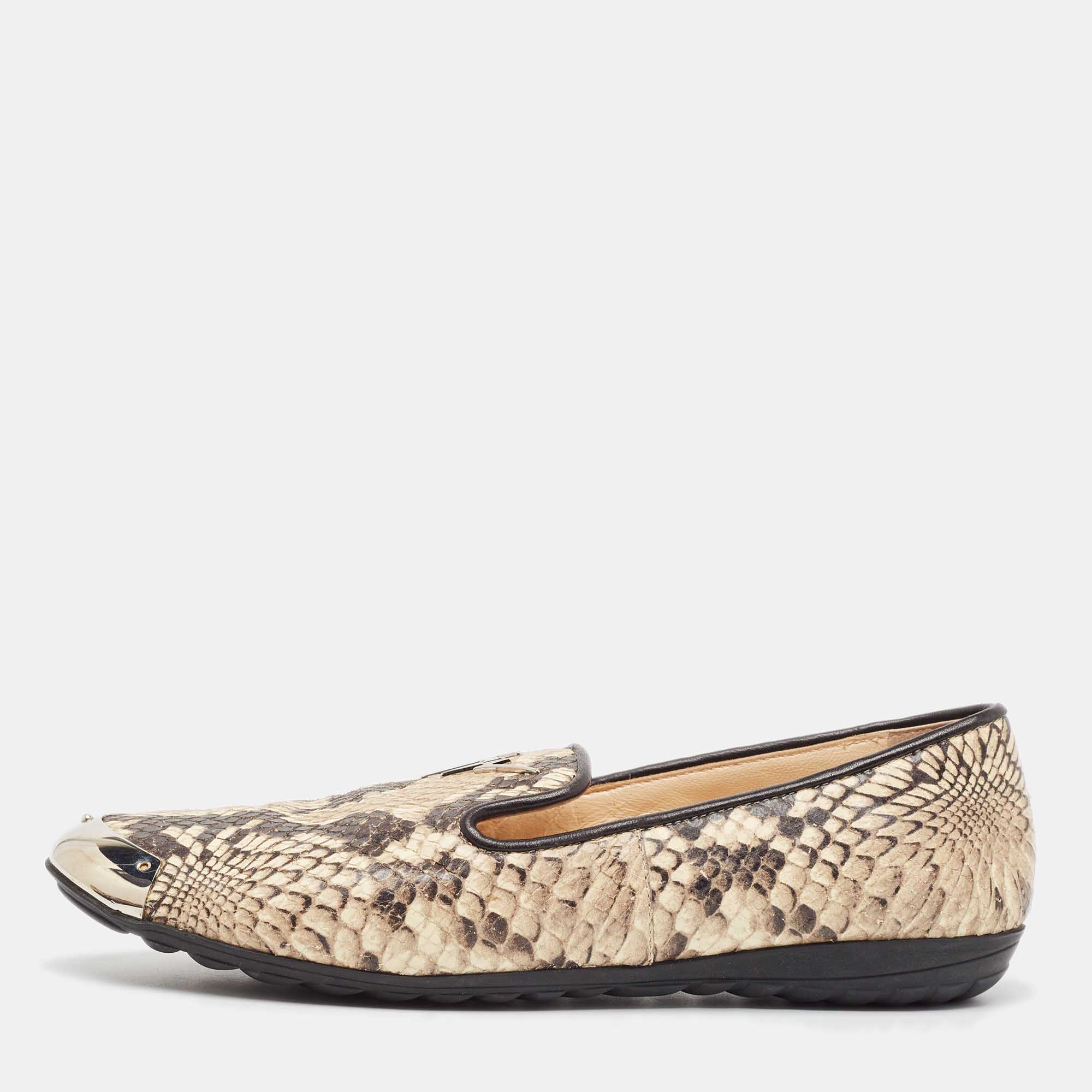 

Giuseppe Zanotti Black/Beige Embossed Python Slip On Loafers Size