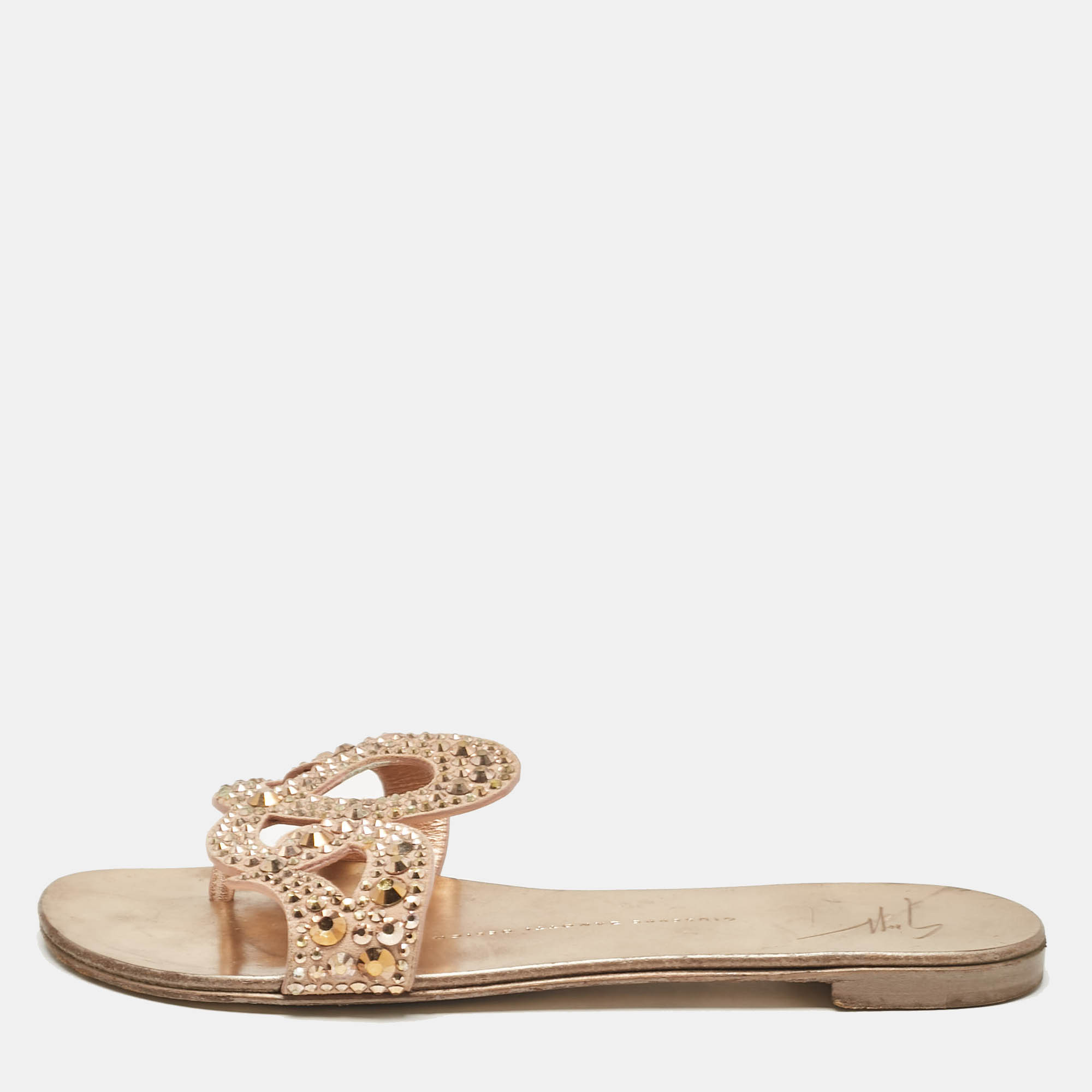 

Giuseppe Zanotti Gold Crystal Embellished Suede Turchesite Flat Slides Size