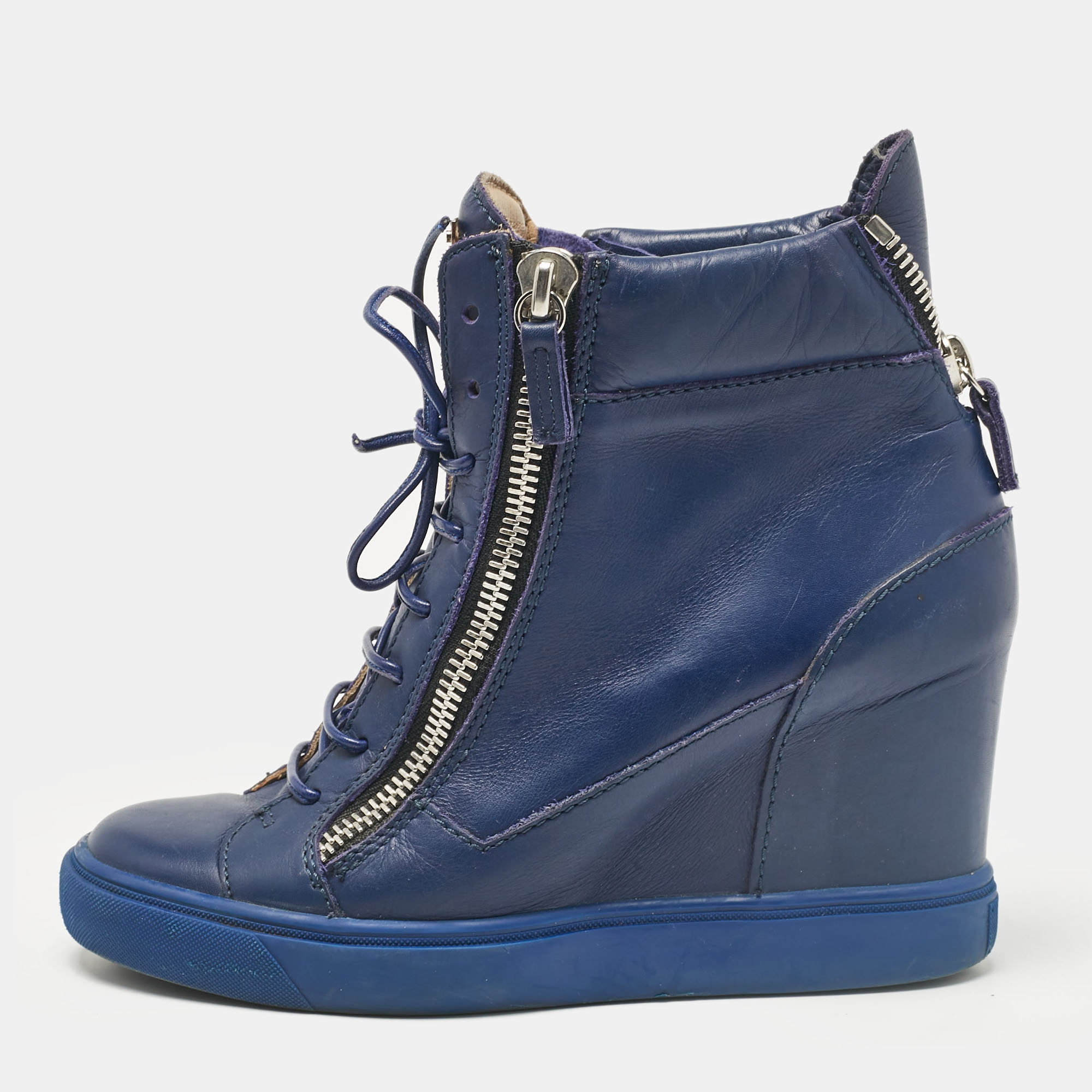 

Giuseppe Zanotti Blue Leather Wedge Sneakers Size