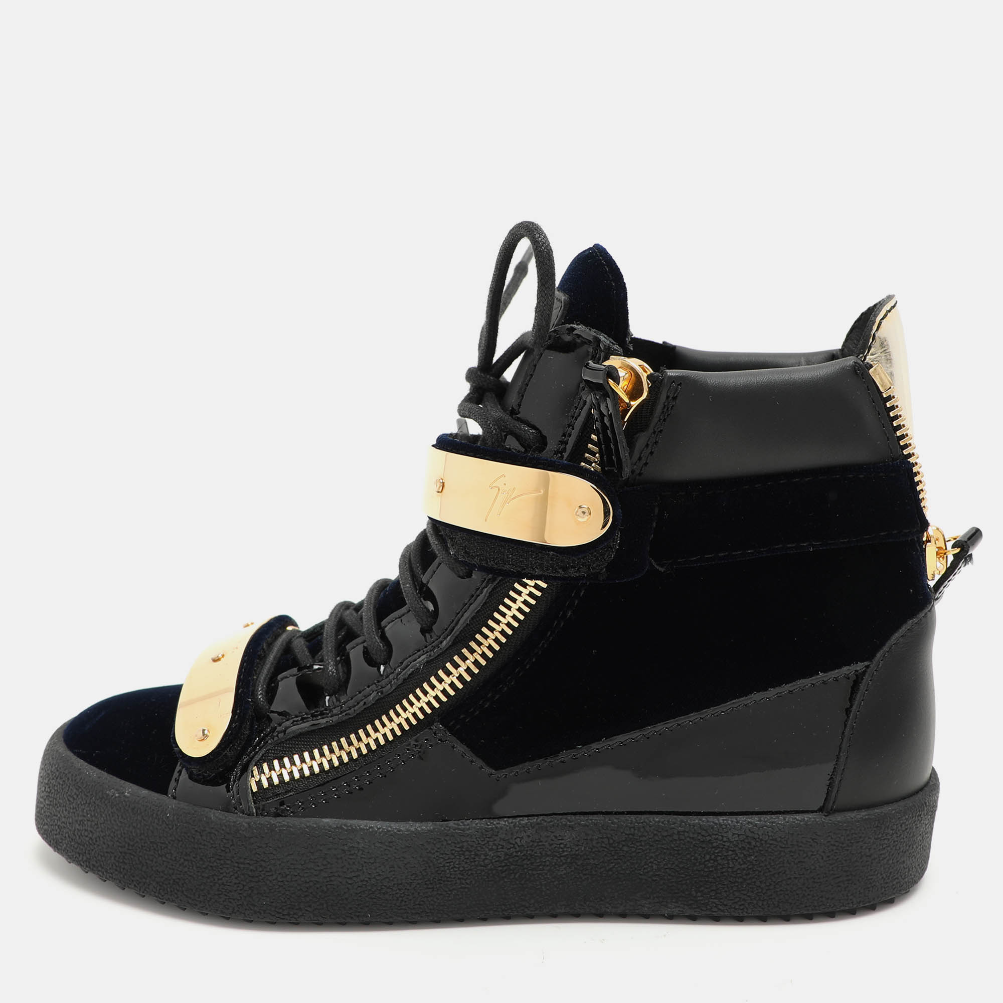 

Giuseppe Zanotti Blue/Black Velvet and Leather Coby High Top Sneakers Size