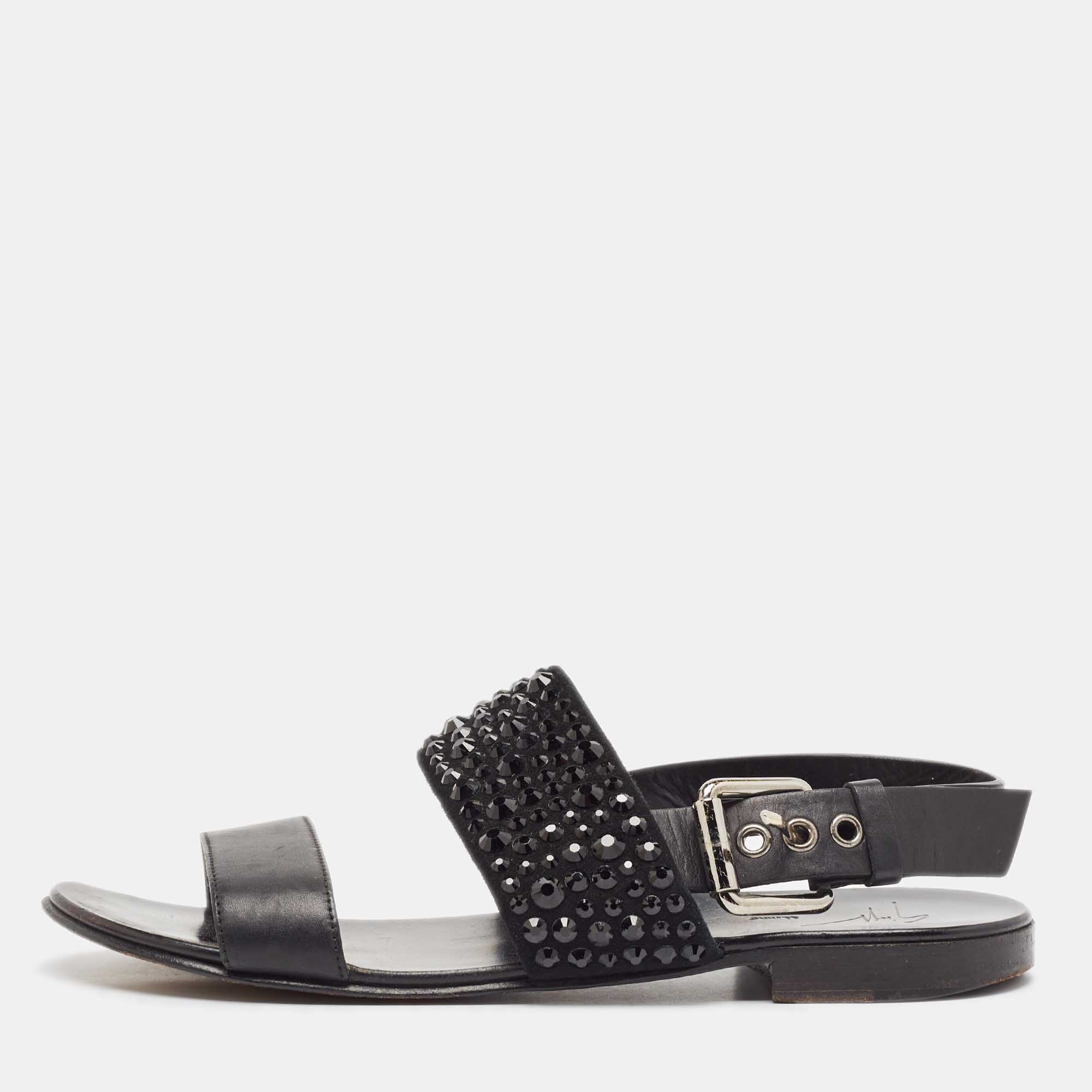 

Giuseppe Zanotti Black Leather Crystal Embellished Slingback Flat Sandals