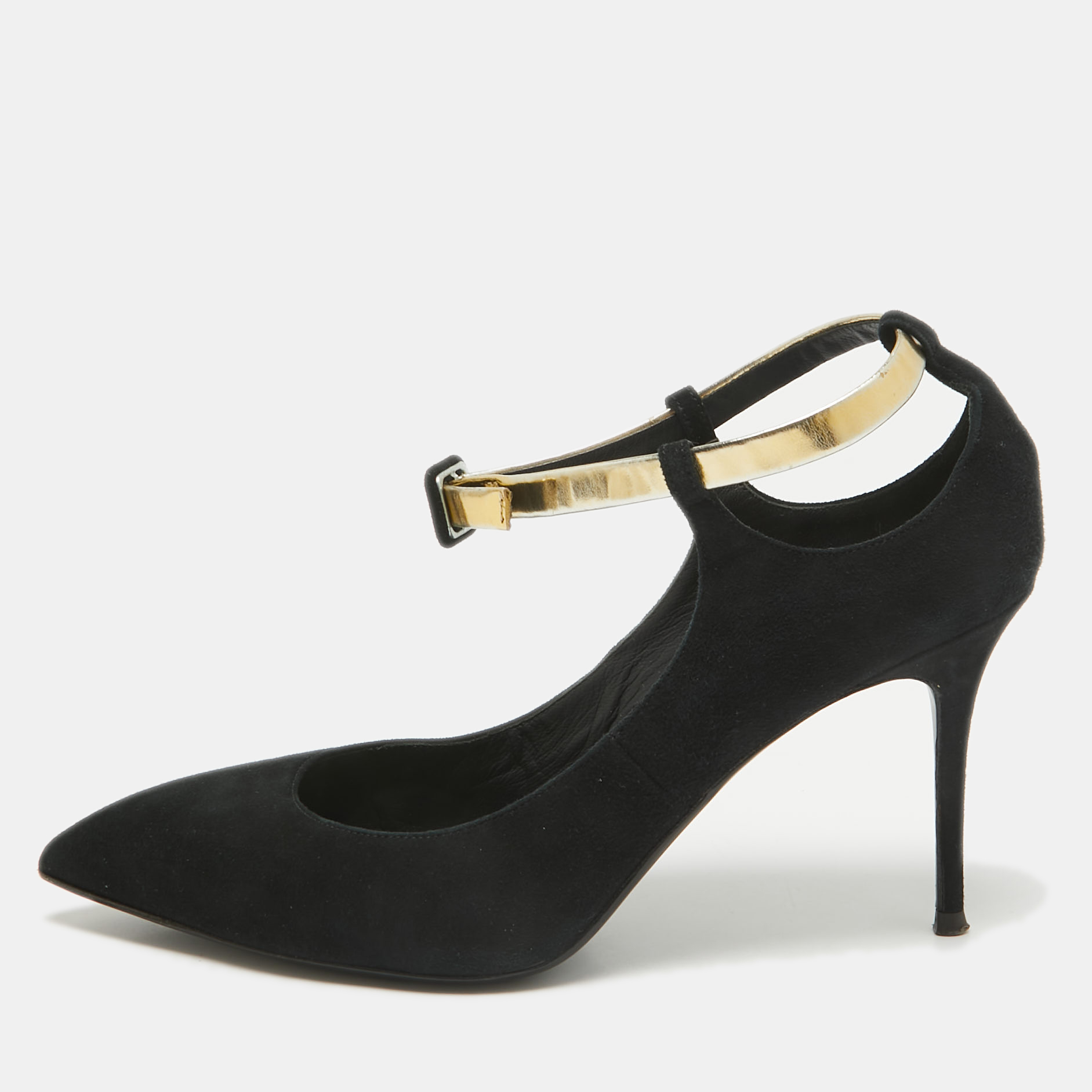 

Giuseppe Zanotti Black Leather and Suede Ankle Strap Pumps Size