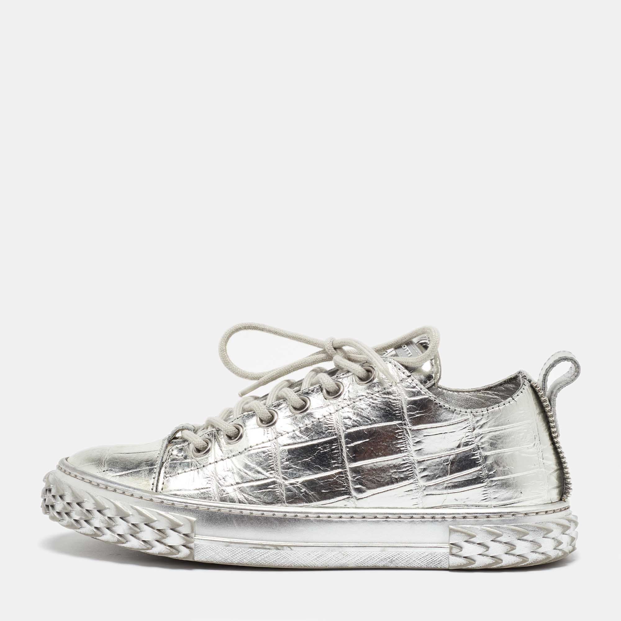 

Giuseppe Zanotti Silver Croc Embossed Leather Blabber Low Top Sneakers Size