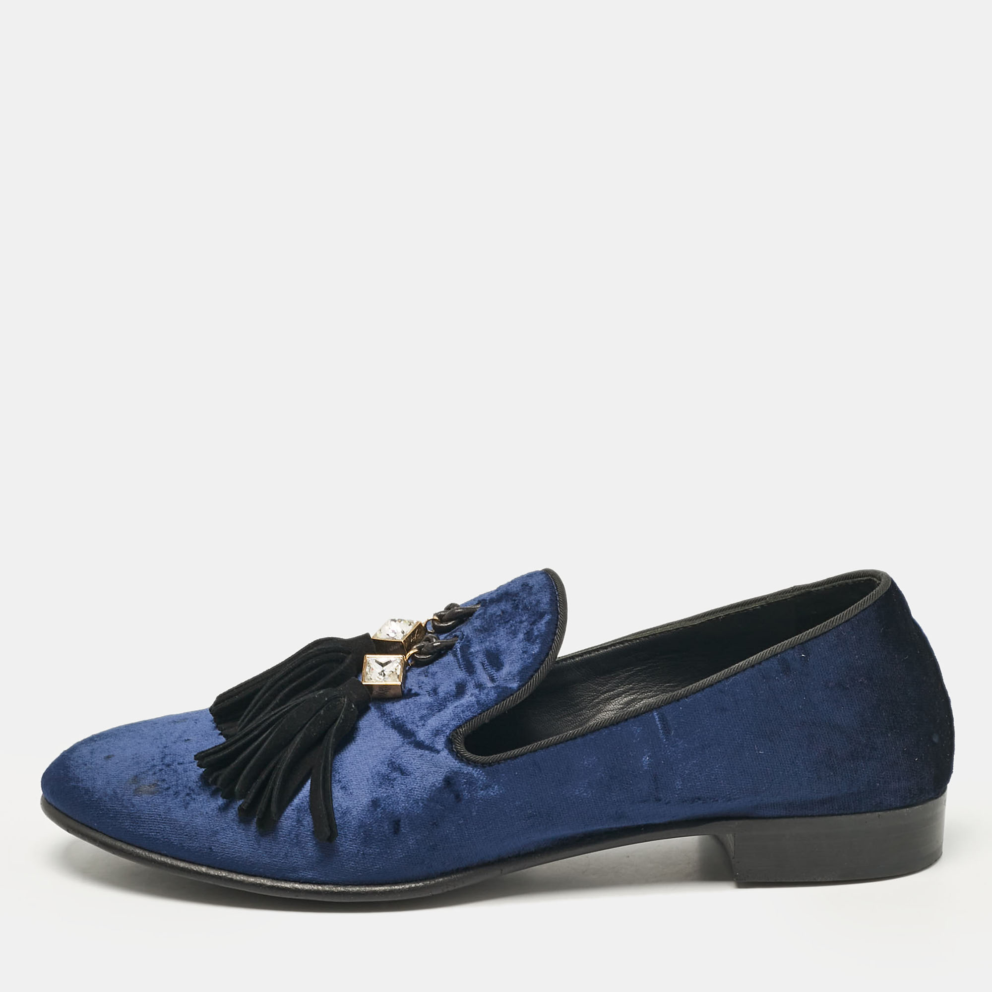 

Giuseppe Zanotti Blue Velvet Embellished Tassels Smoking Slippers Size