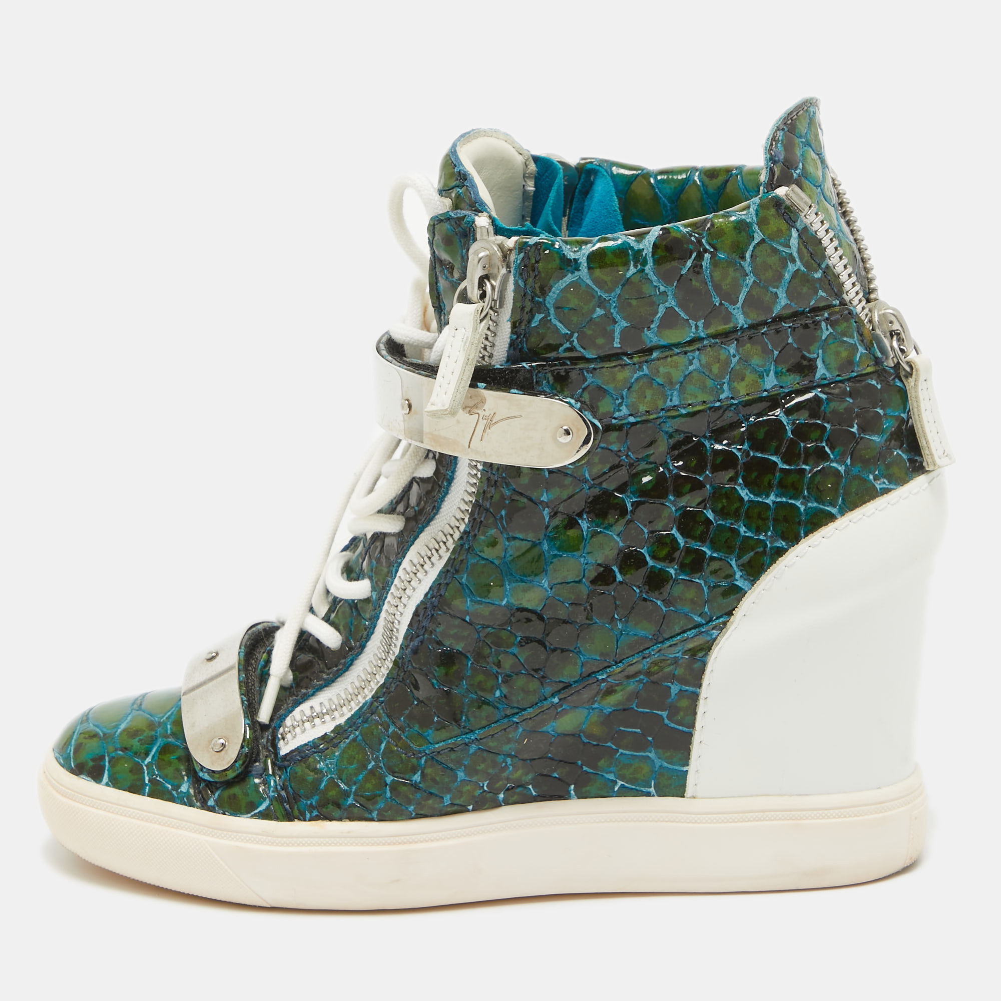 

Giuseppe Zanotti Green/White Python Embossed Patent Leather and Suede Coby Wedge Sneakers Size