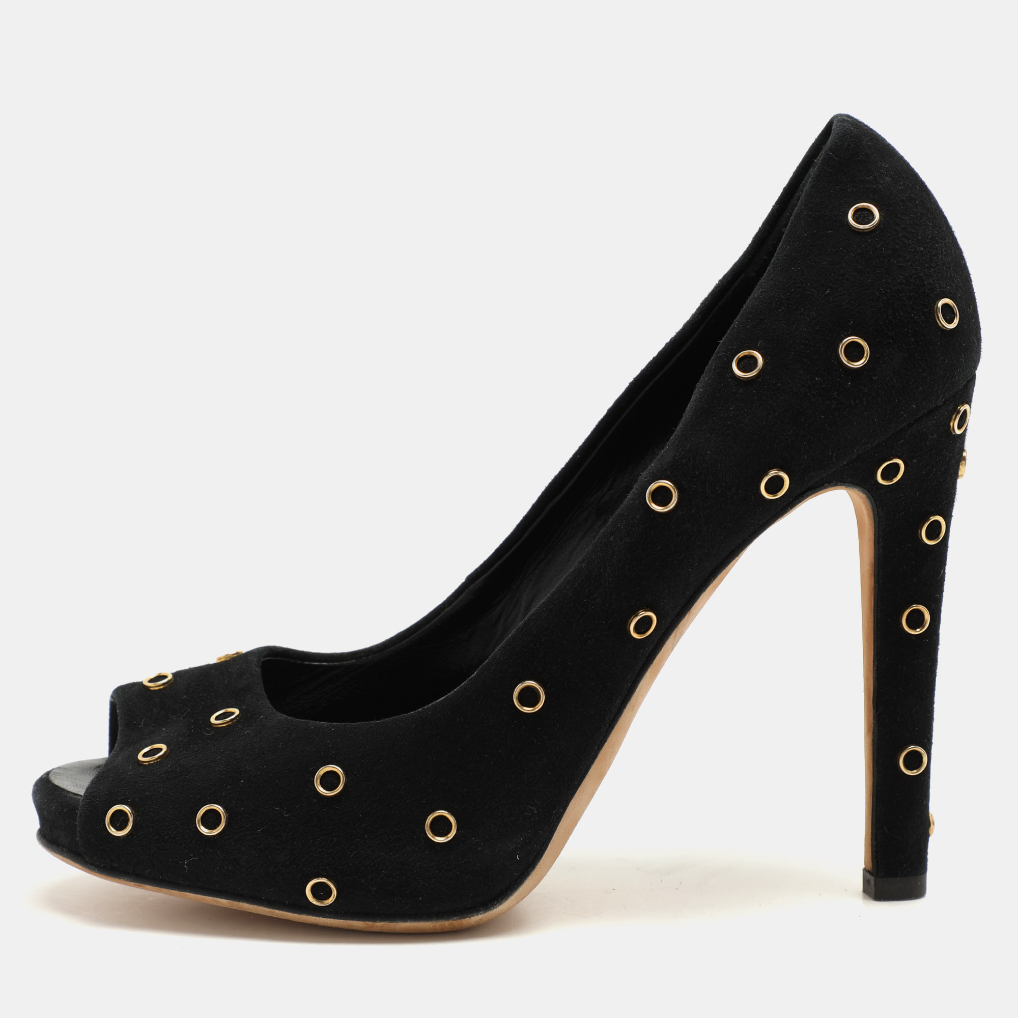 

Giuseppe Zanotti Black Suede Embellished Peep Toe Pumps Size