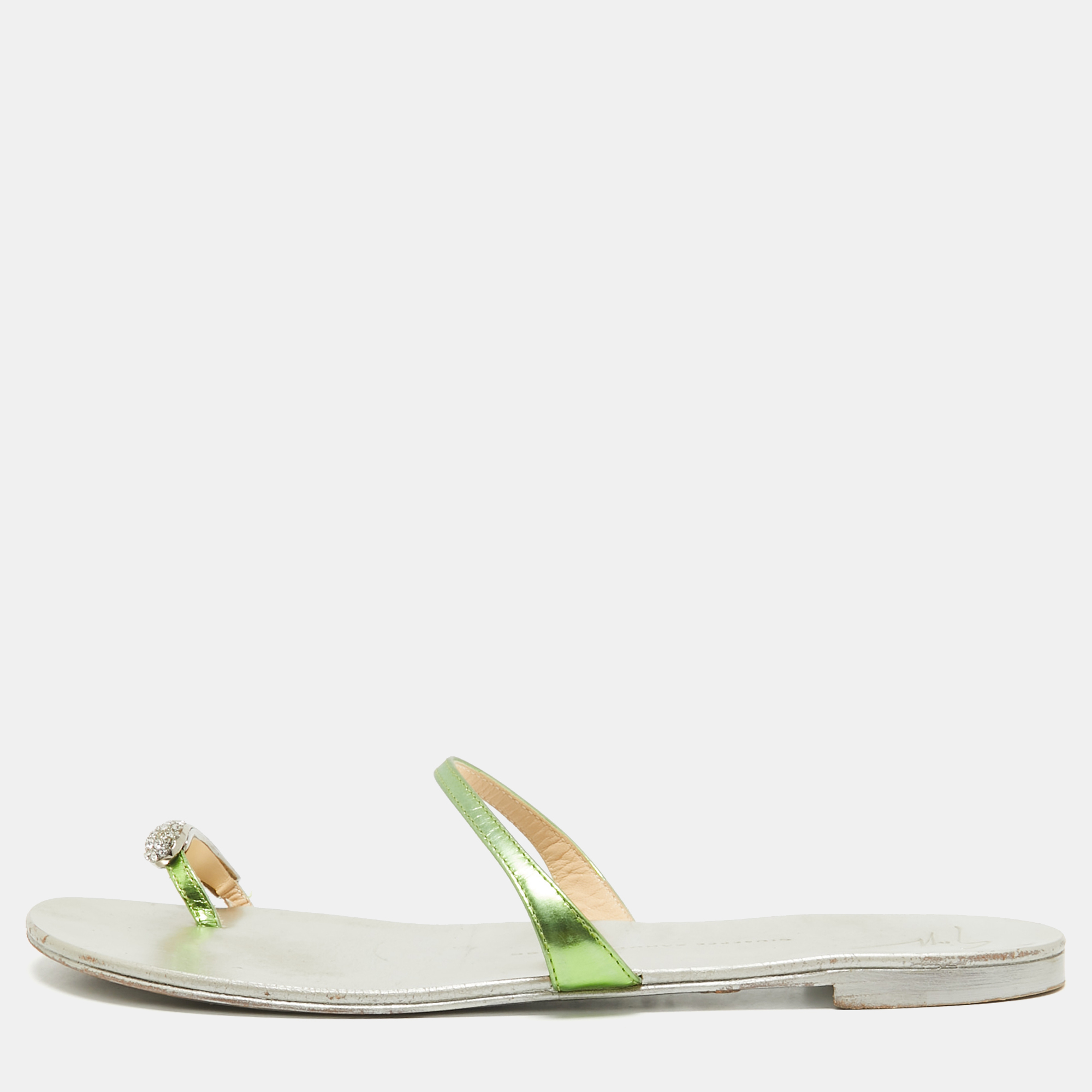 

Giuseppe Zanotti Green Leather Crystal Embellished Toe Ring Flat Slides Size