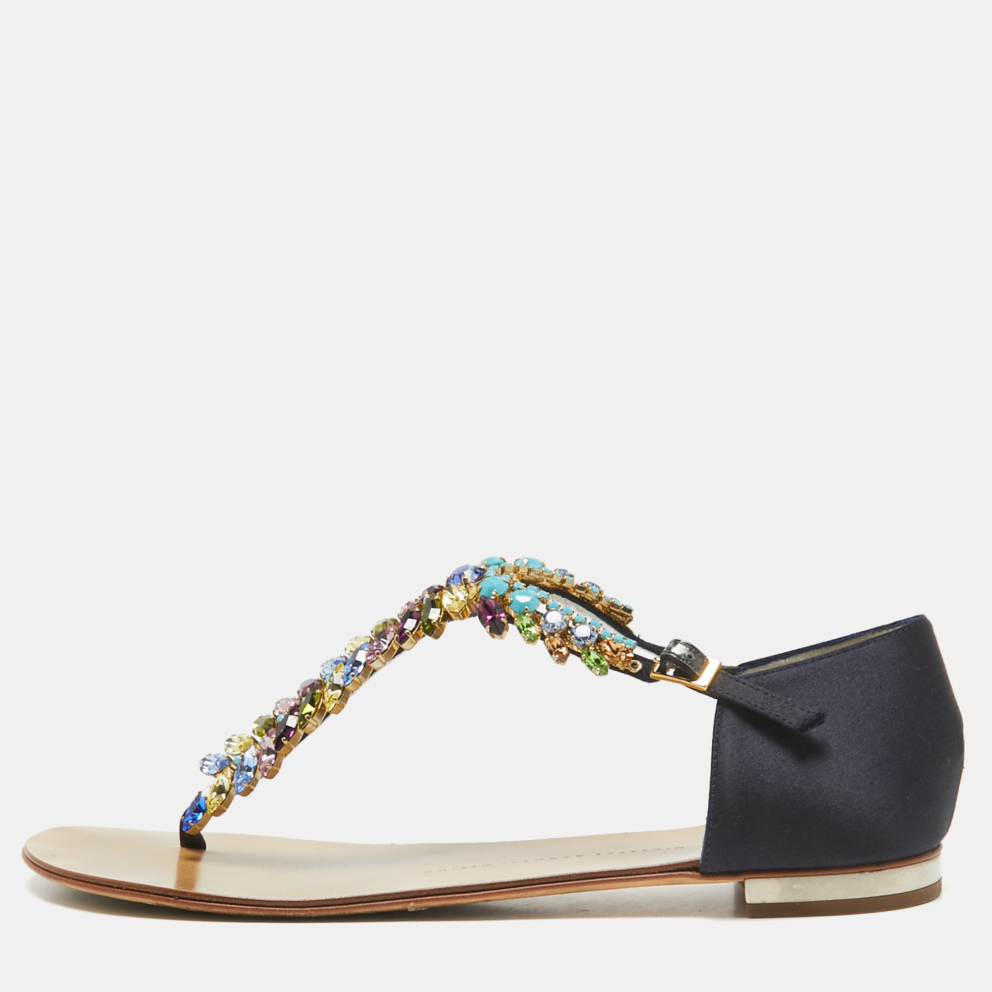 

Giuseppe Zanotti Navy Blue Satin Crystal Embellished T-Strap Flat Sandals Size