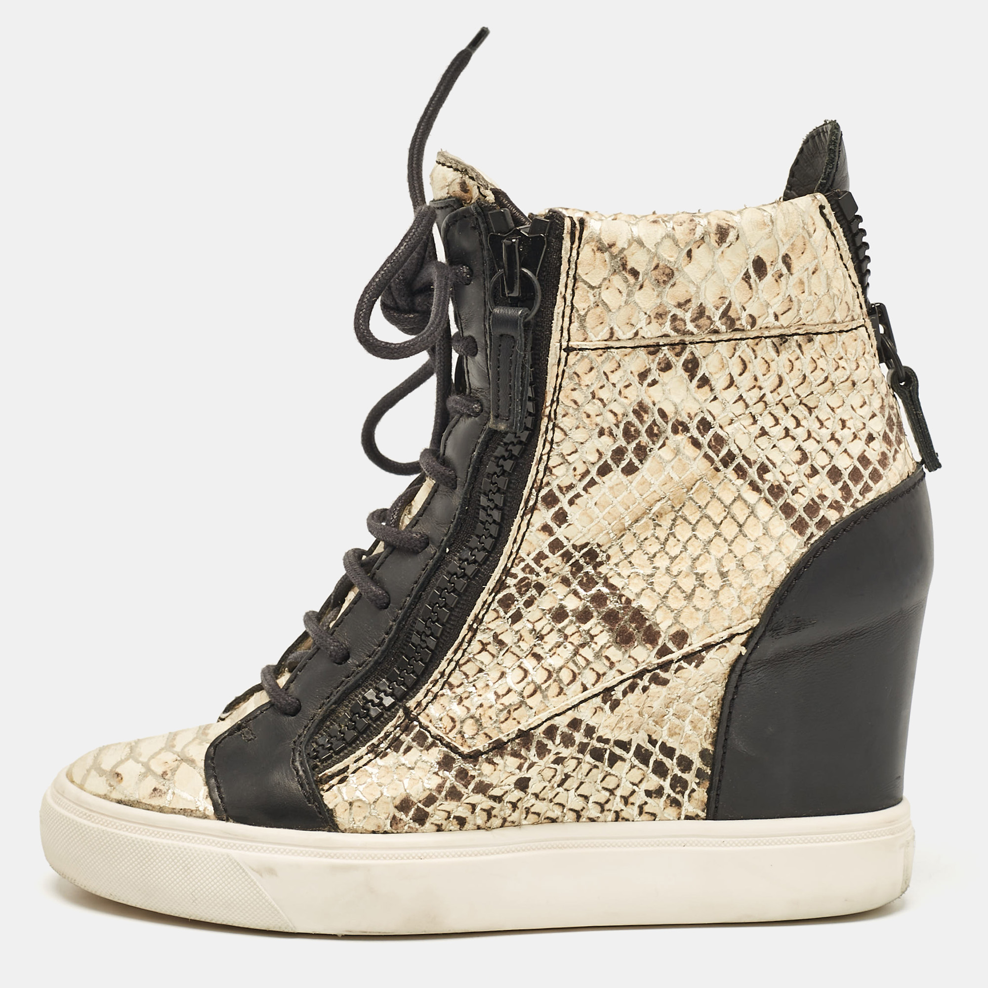 

Giuseppe Zanotti Cream/Black Leather and Python Embossed Leather Coby Sneakers Size