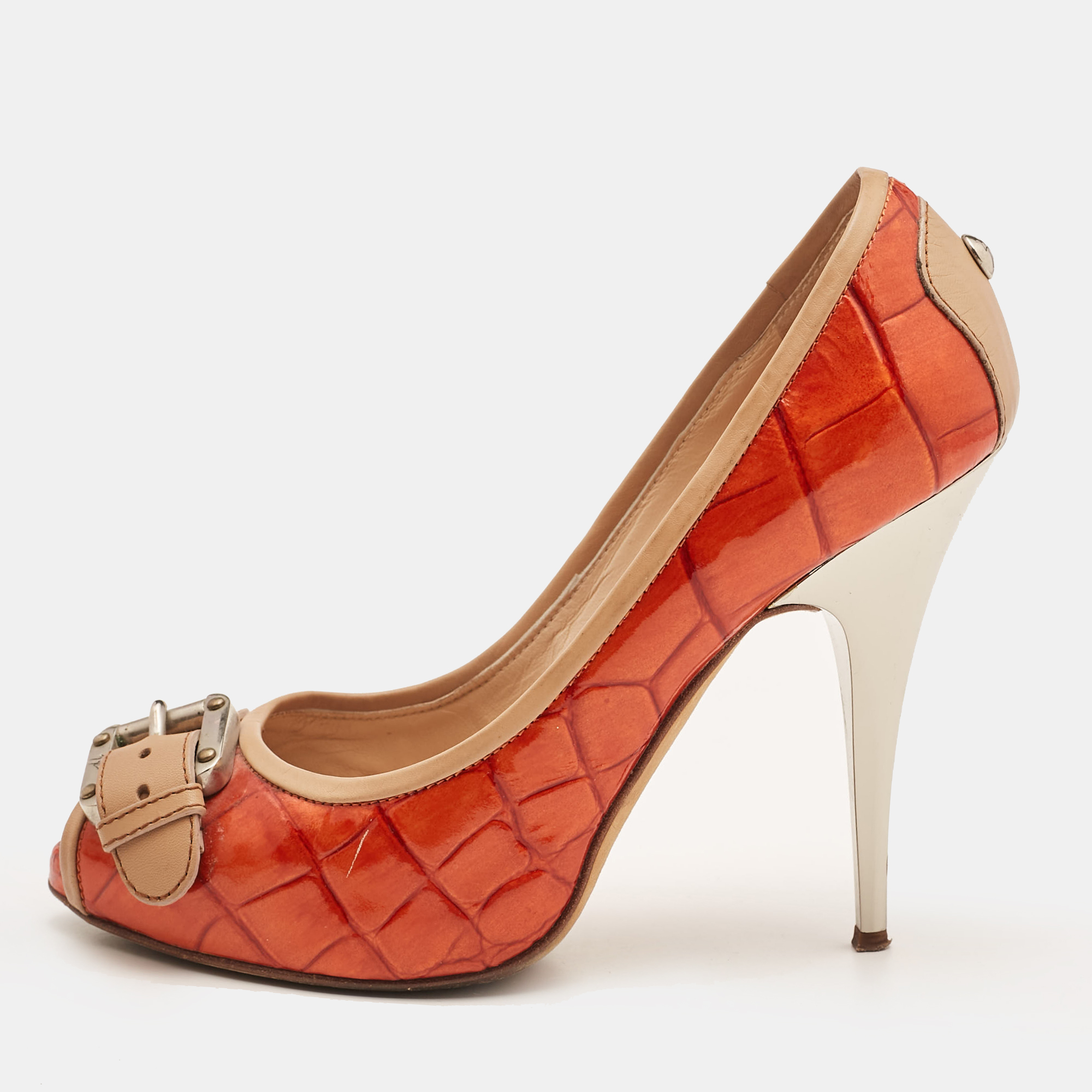 

Giuseppe Zanotti Orange Embossed Croc Buckle Detail Peep Toe Pumps Size