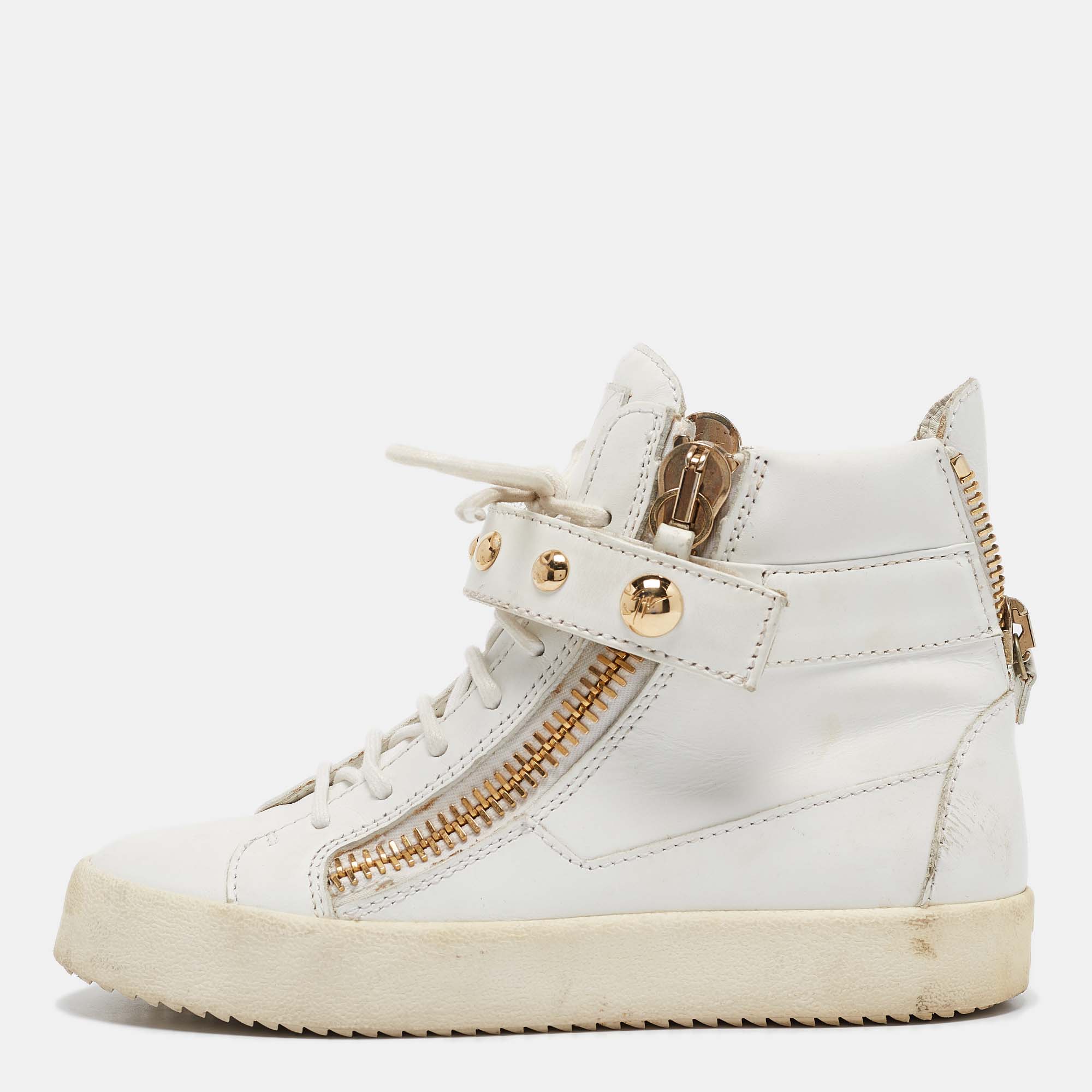 

Giuseppe Zanotti White Leather Double Zipper High Top Sneakers Size