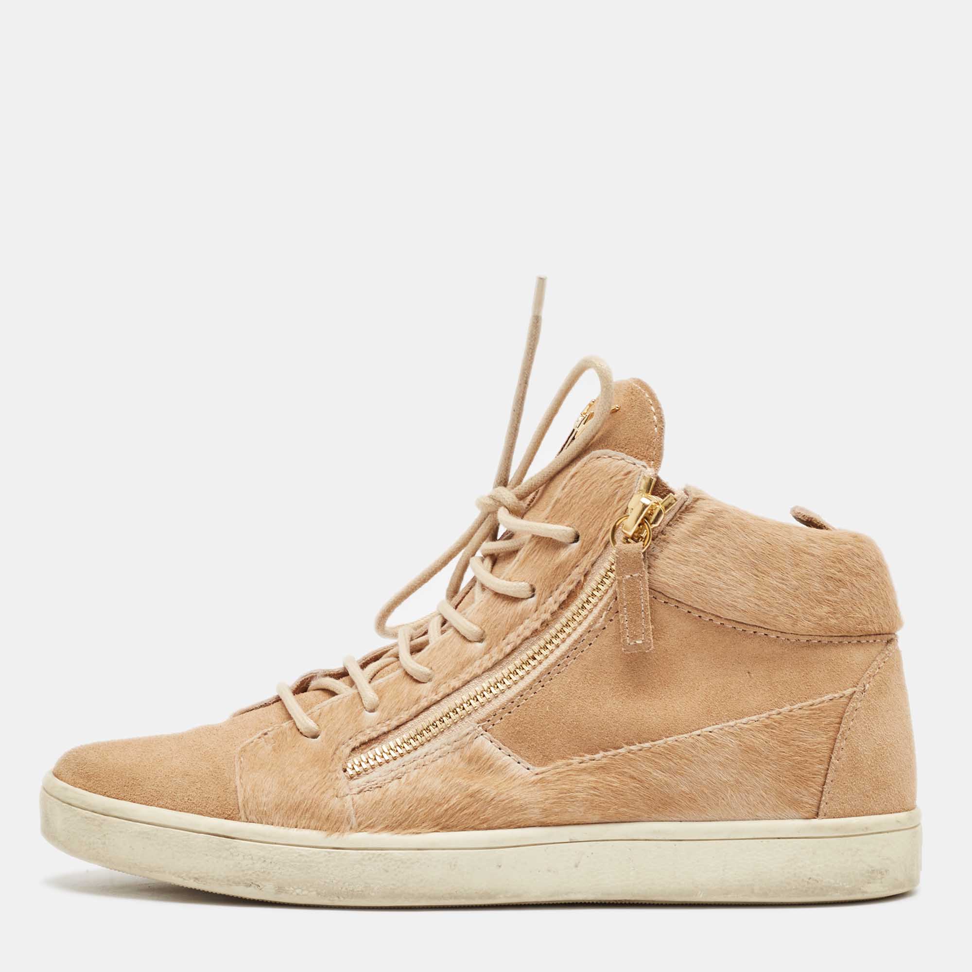 

Giuseppe Zanotti Beige Calf Hair and Suede Kriss High Top Sneakers Size