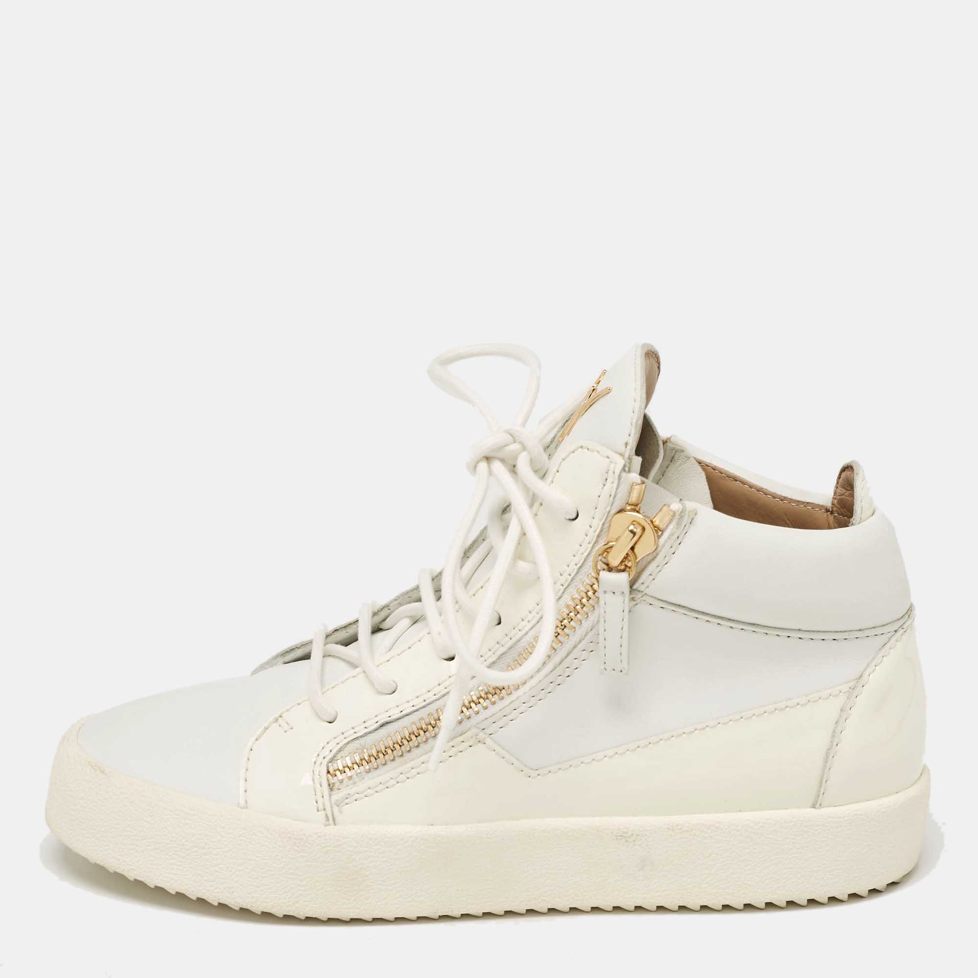 

Giuseppe Zanotti White Leather and Patent Leather London High Top Sneakers Size