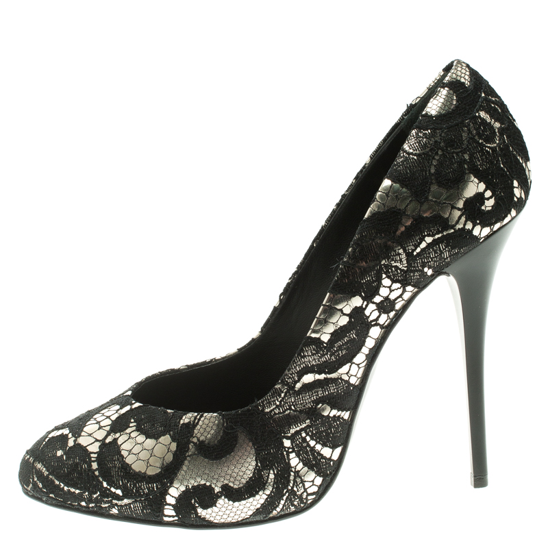 

Giuseppe Zanotti Silver Metallic Leather and Black Lace Pumps Size