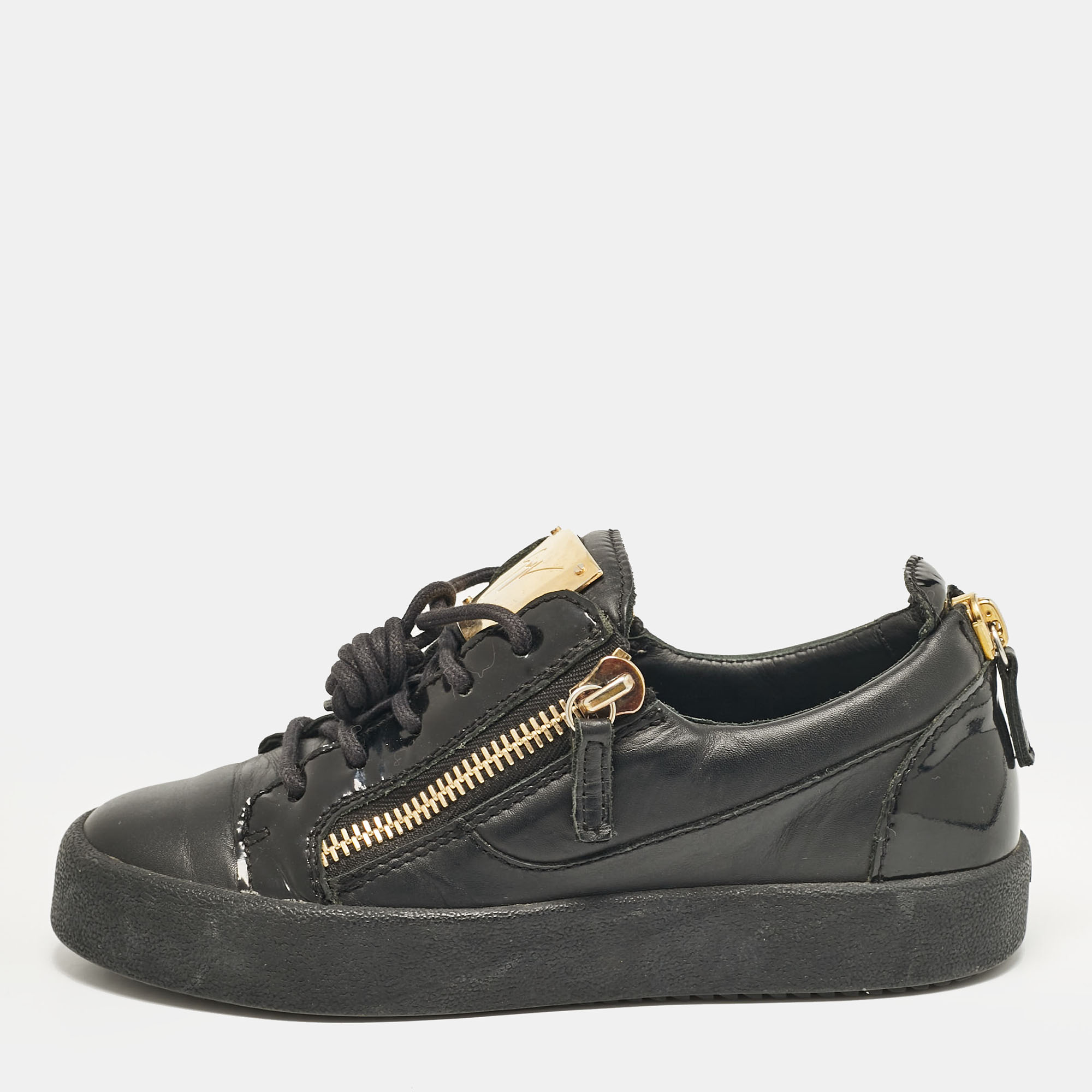 

Giuseppe Zanotti Black Leather and Patent Leather Frankie Lace Up Sneakers Size