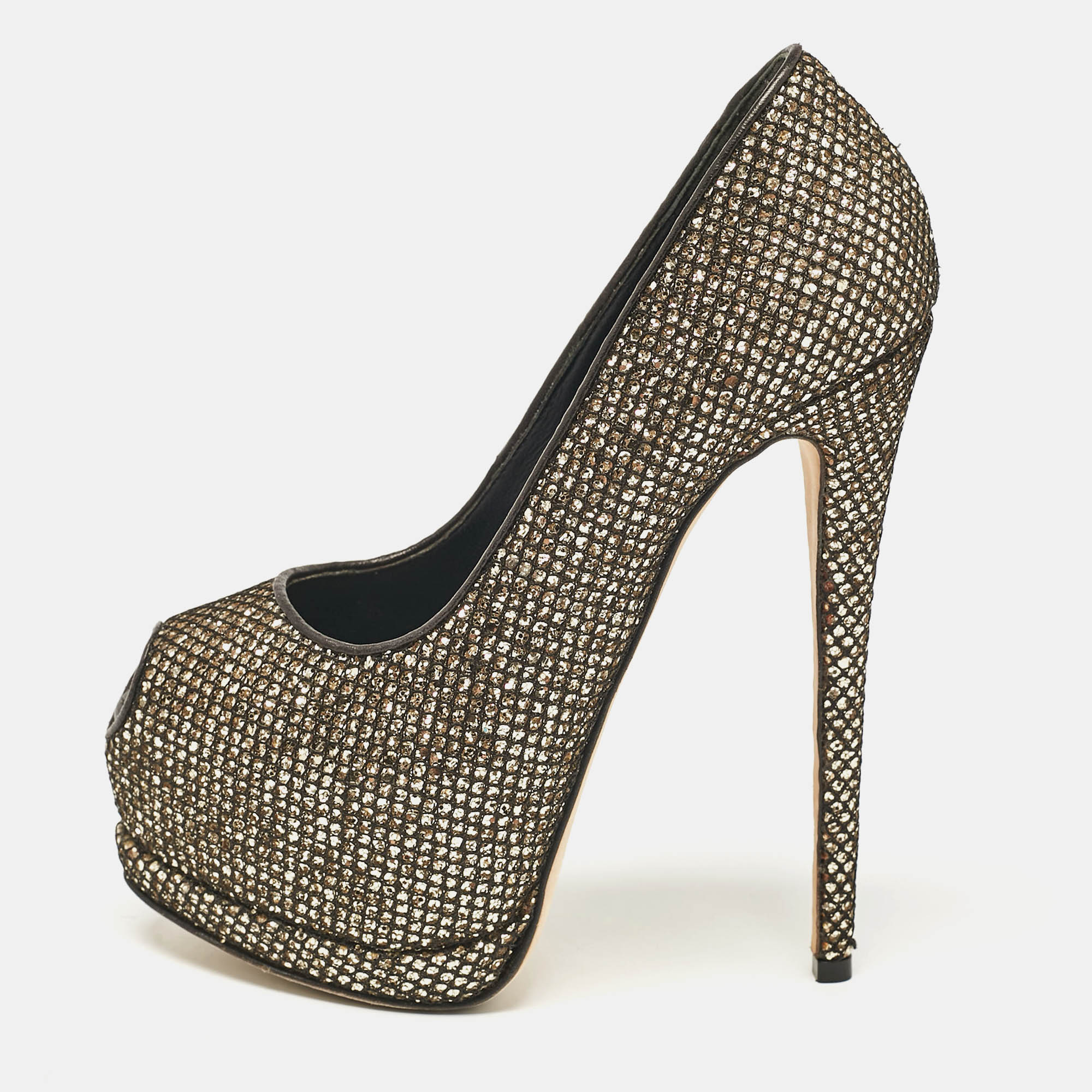 

Giuseppe Zanotti Gold/Black Glitter and Mesh Sharon Peep Toe Pumps Size