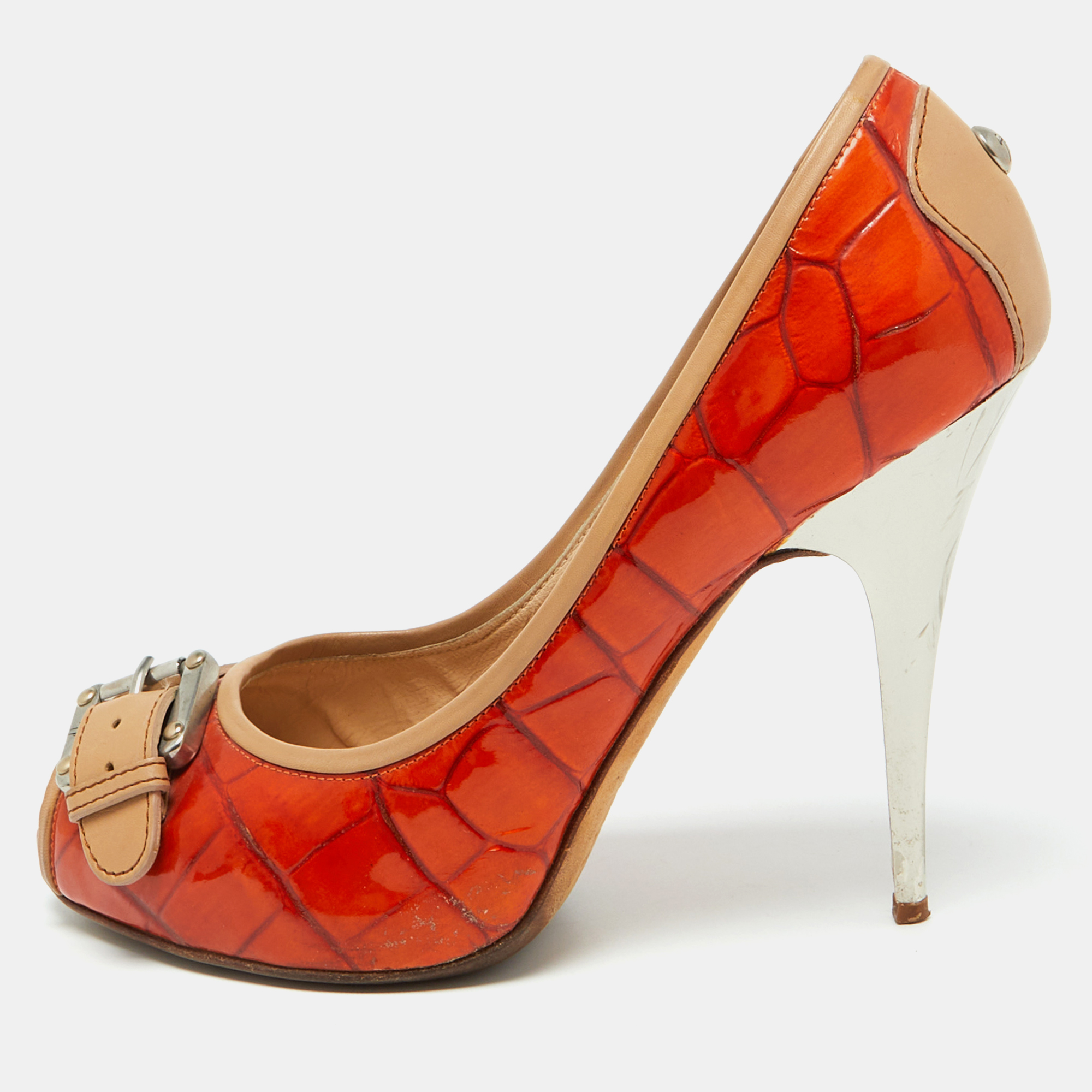 

Giuseppe Zanotti Orange Croc Embossed Leather Buckle Detail Peep Toe Pumps Size