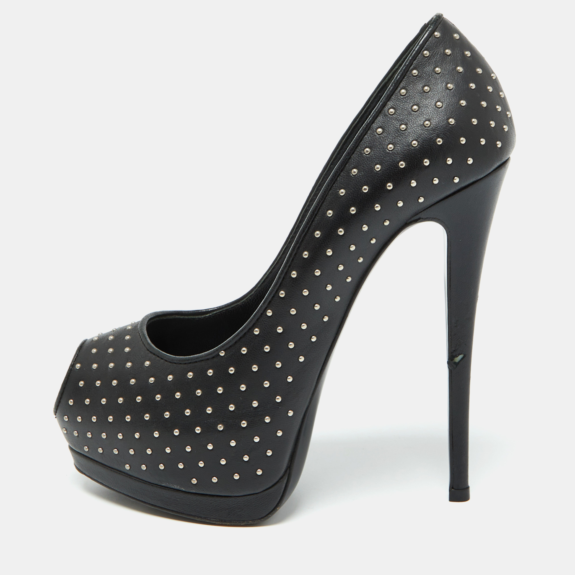 

Giuseppe Zanotti Black Leather Studded Peep Toe Platform Pumps Size