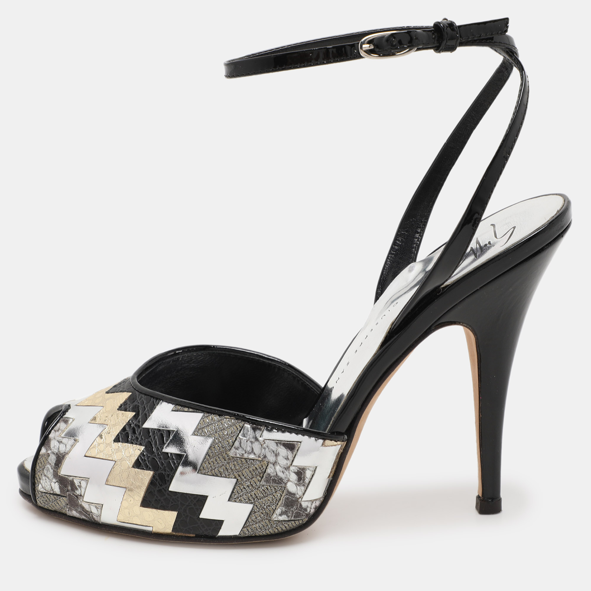 

Giuseppe Zanotti Multicolor Zigzag Patent and Leather Mixed Media Ankle Strap Sandals Size