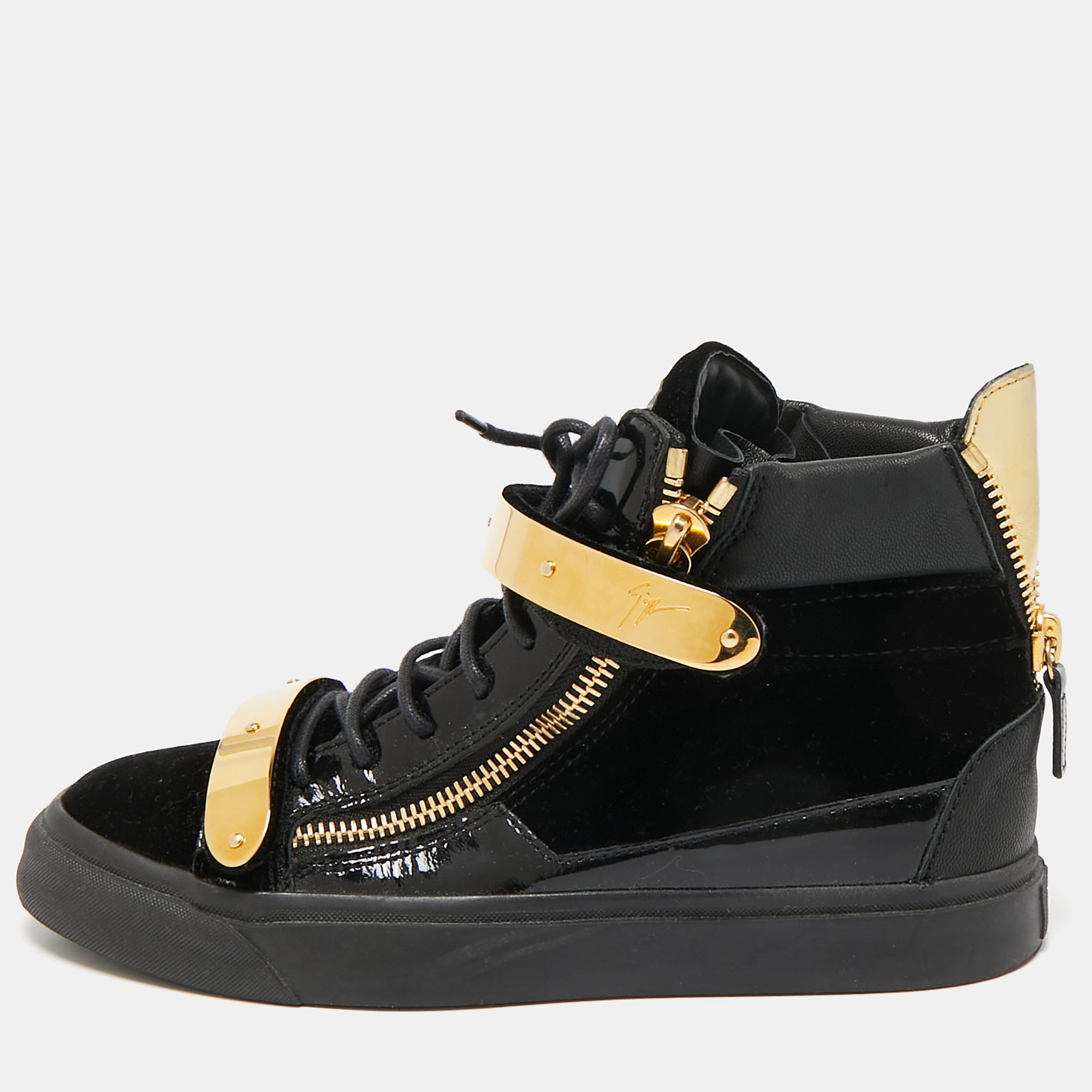 

Giuseppe Zanotti Black Velvet And Patent Leather Coby High Top Sneakers Size