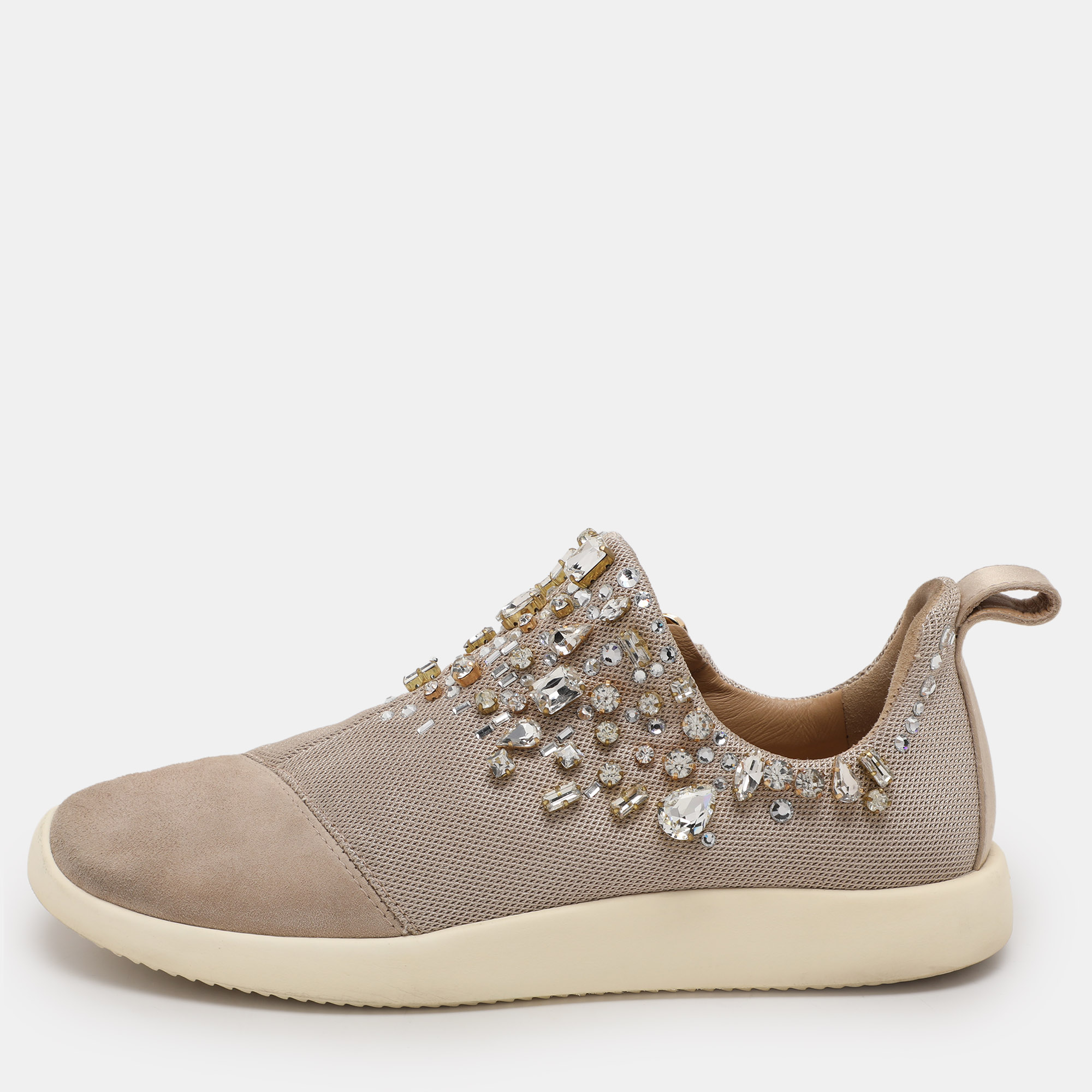 

Giuseppe Zanotti Grey/Beige Crystal Embellished Suede And Mesh May London Slip On Sneakers Size 39