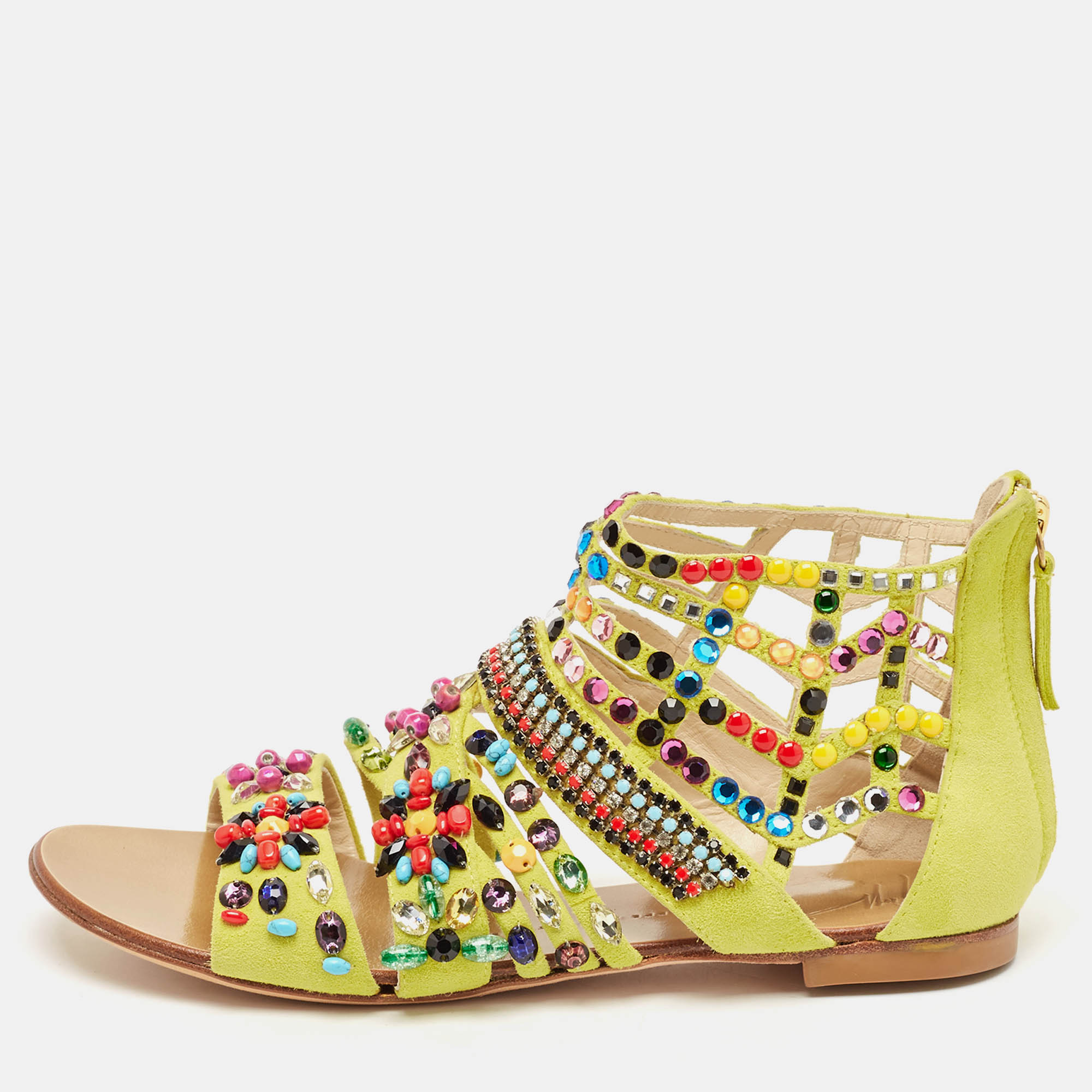 

Giuseppe Zanotti Yellow Suede Crystal Embellished Gladiator Flat Sandals Size