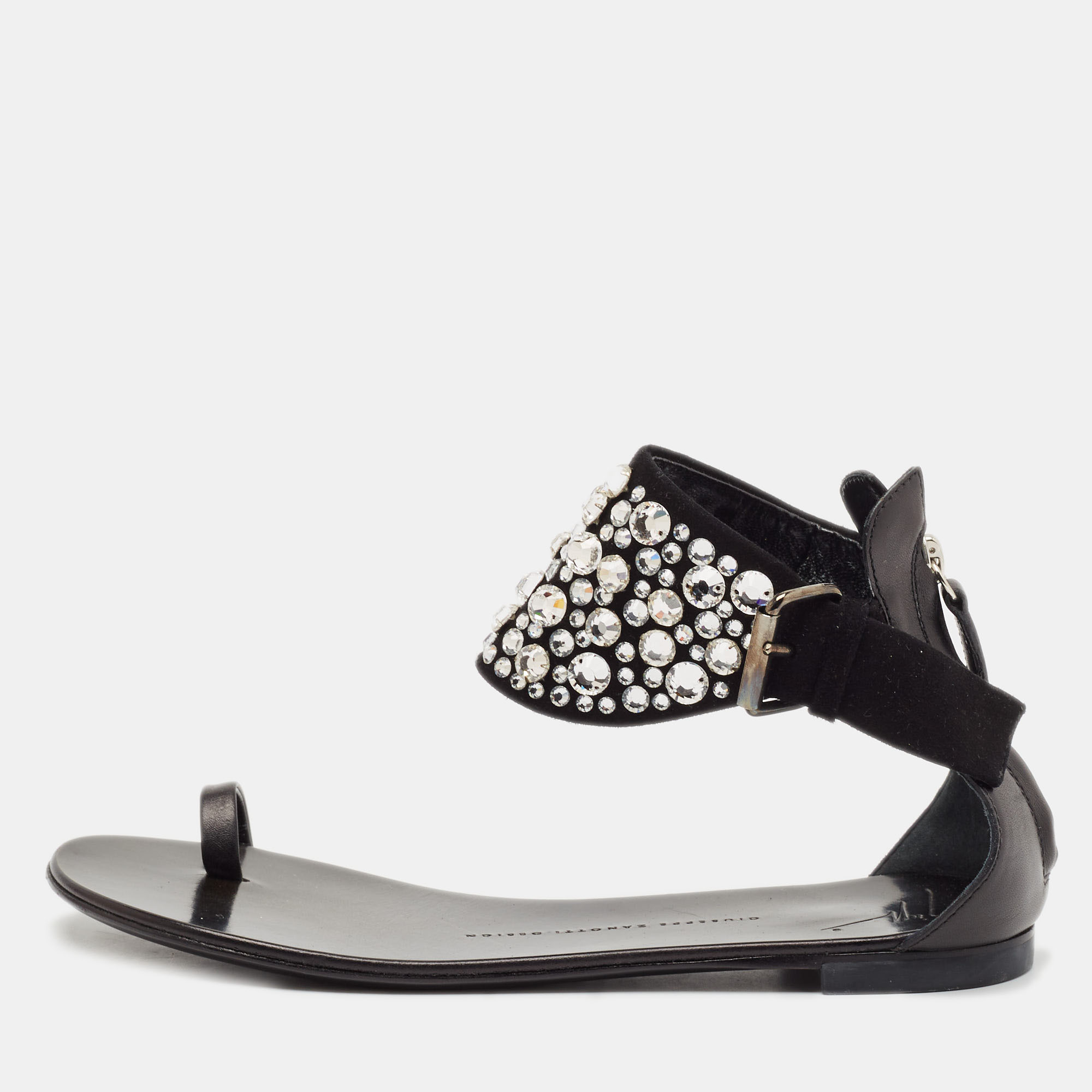 

Giuseppe Zanotti Black Suede and Leather Crystal Embellished Ankle Wrap Flat Sandals Size