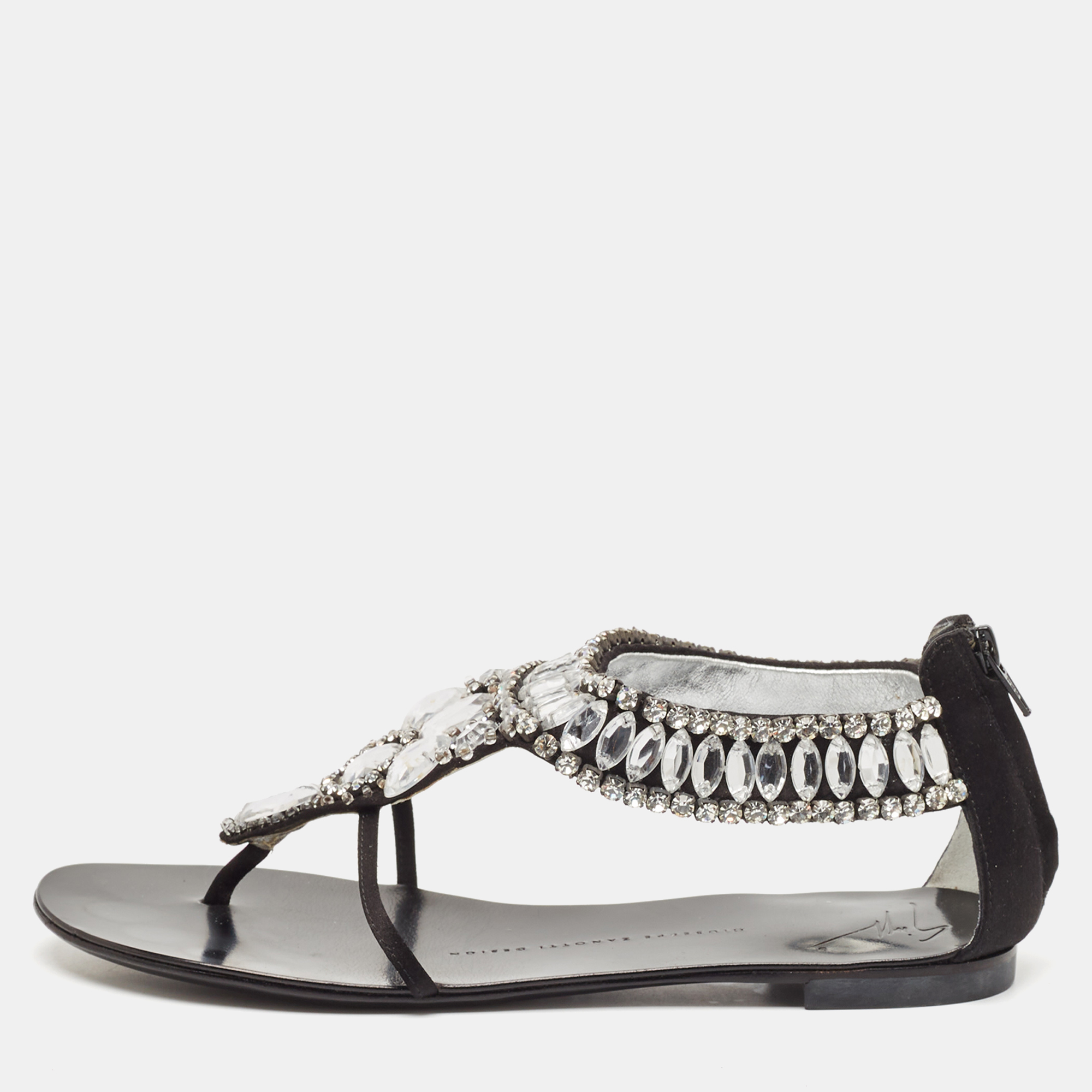 

Giuseppe Zanotti Black Satin Crystal Embellished Ankle Strap Flat Sandals Size