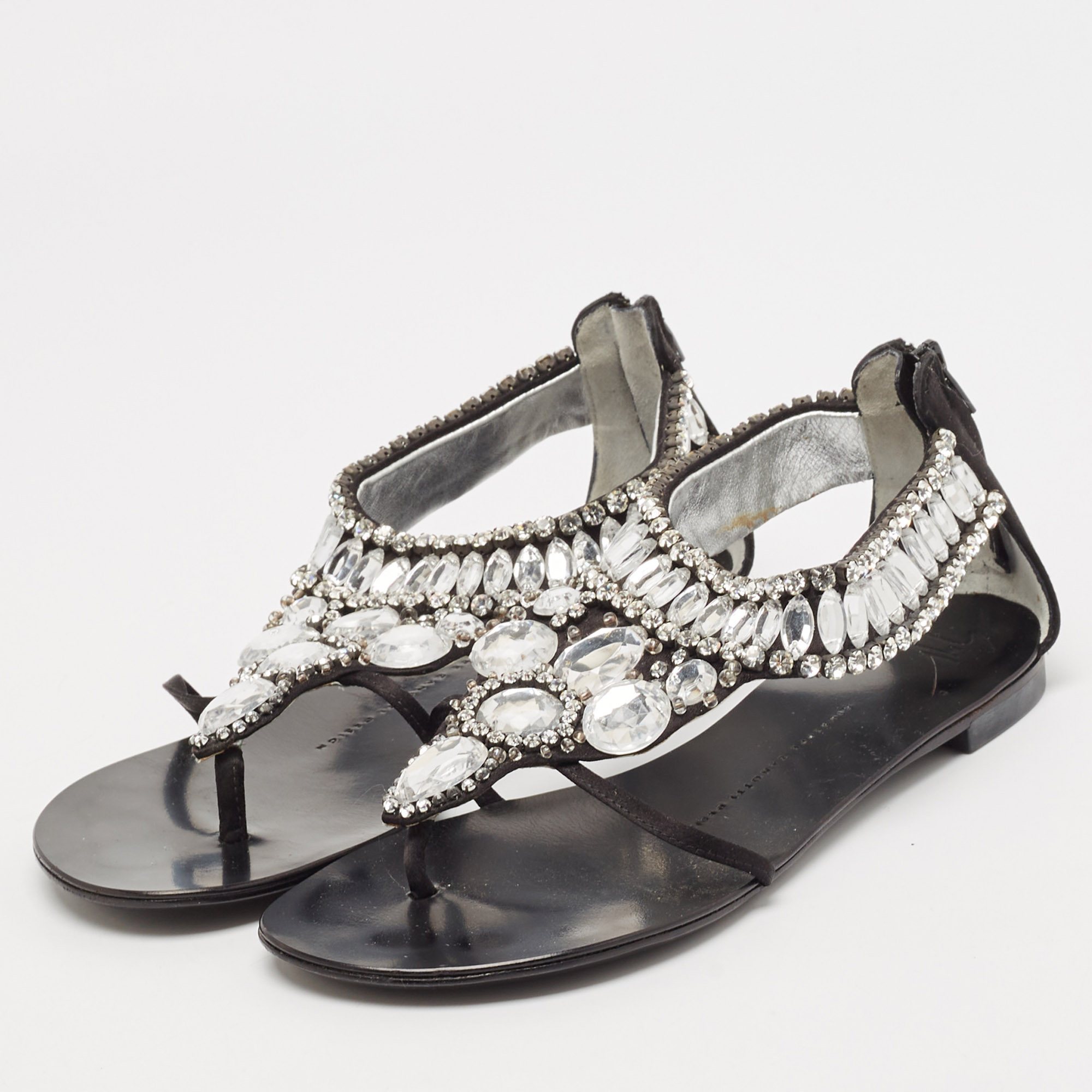 Giuseppe Zanotti Black Satin Crystal Embellished Ankle Strap Flat Sandals Size 36.5 
