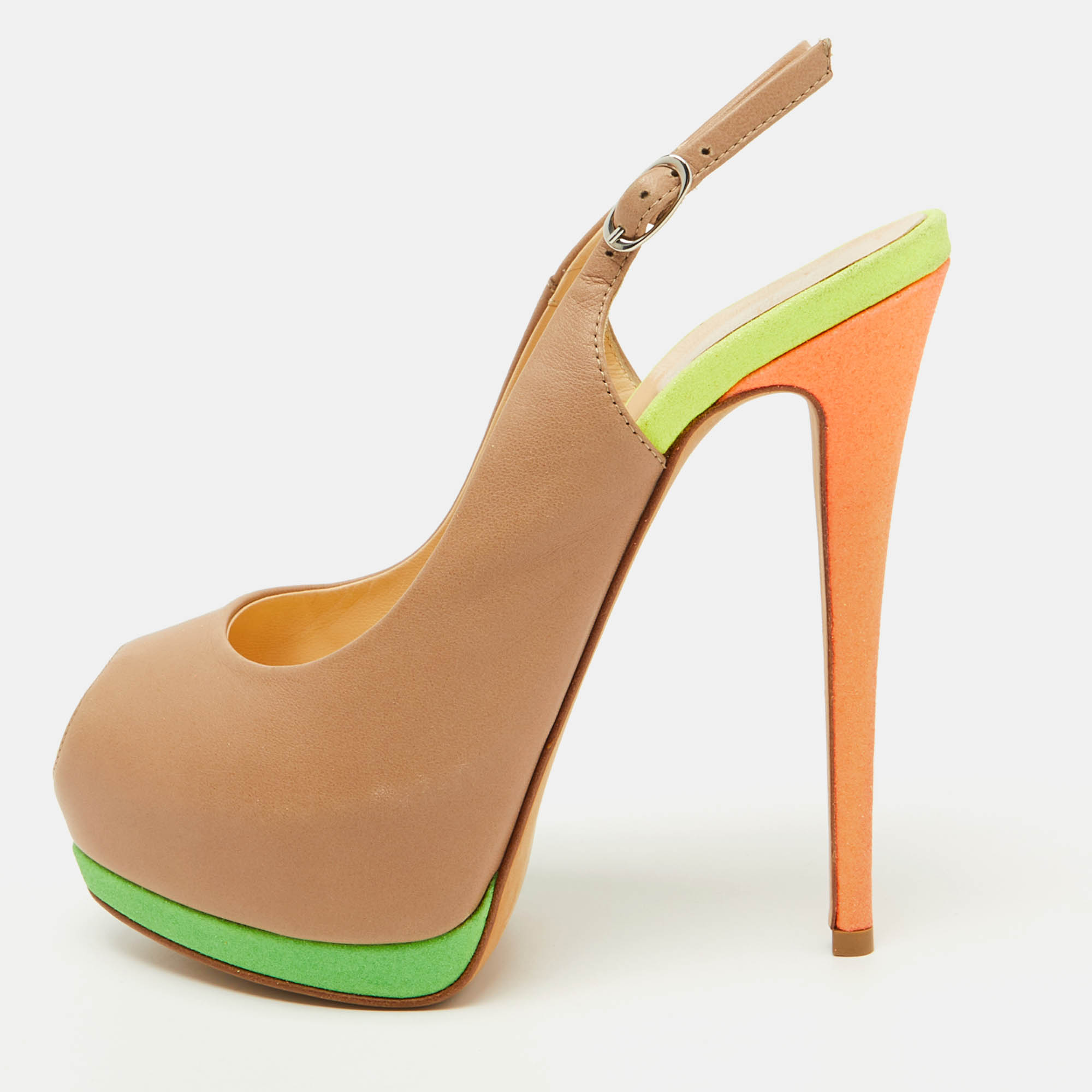 

Giuseppe Zanotti Multicolor Leather Peep Toe Platform Slingback Pumps Size, Beige