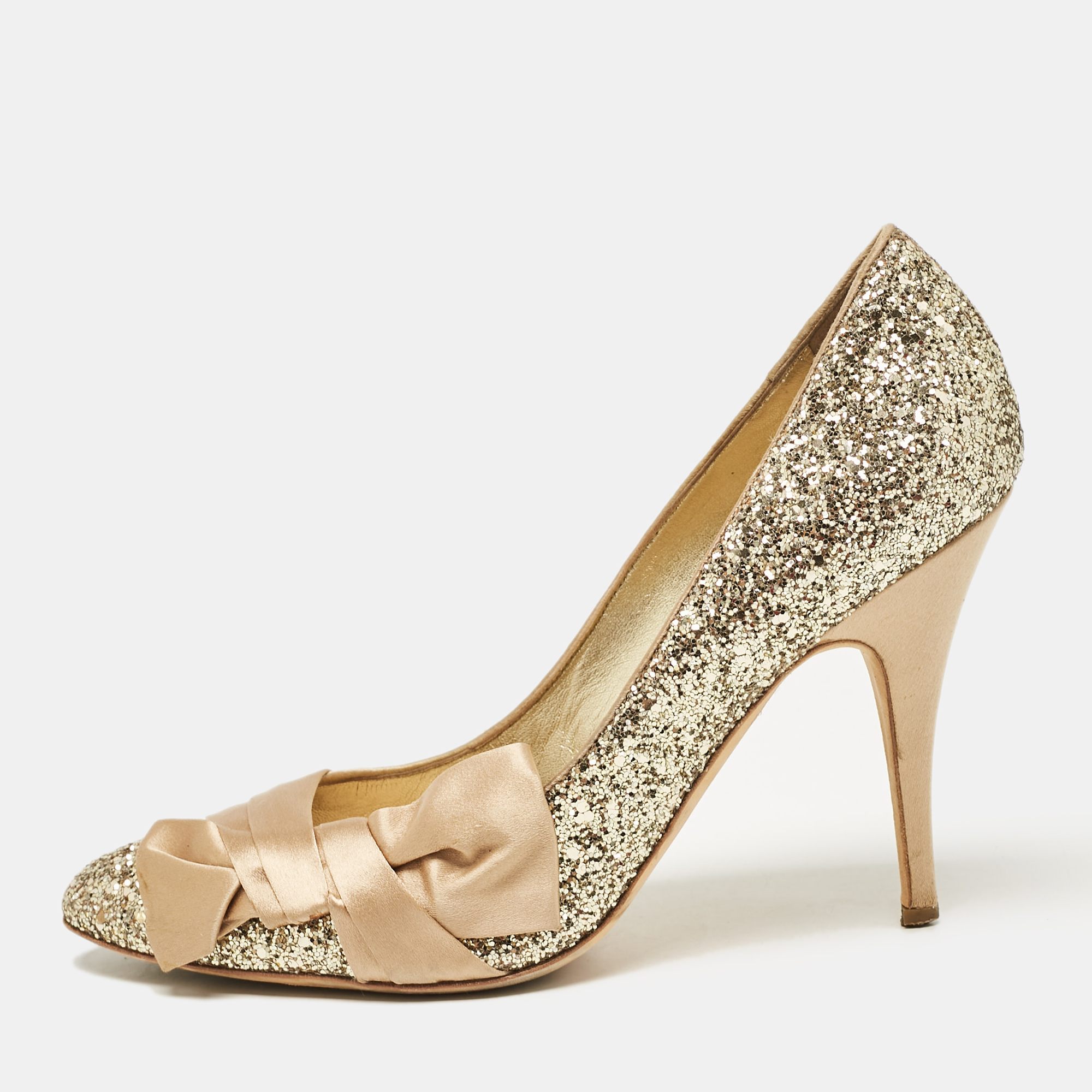 

Giuseppe Zanotti Gold Glitter and Satin Uma Pumps Size