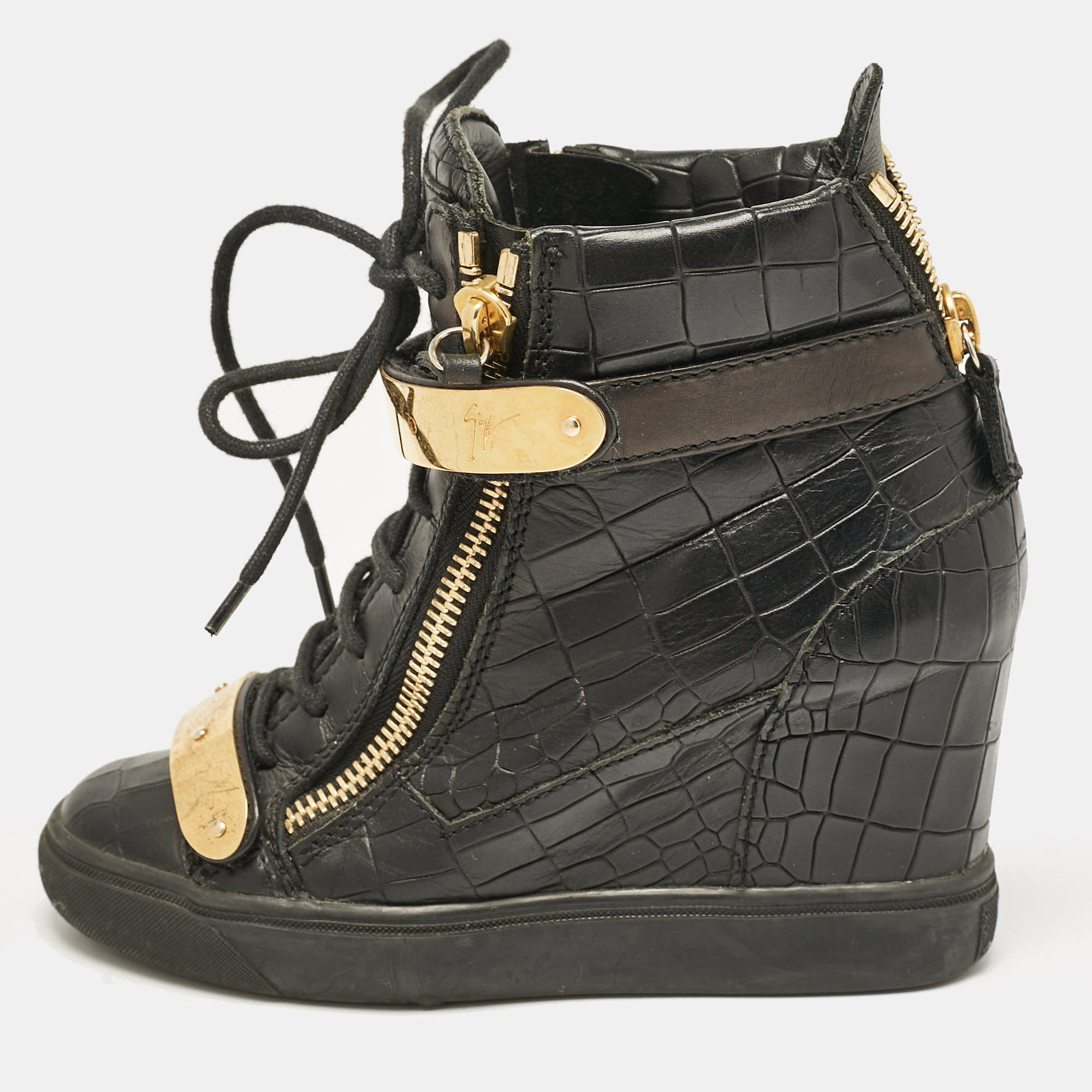 

Giuseppe Zanotti Black Croc Embossed Leather Lorenze Wedge Sneakers Size