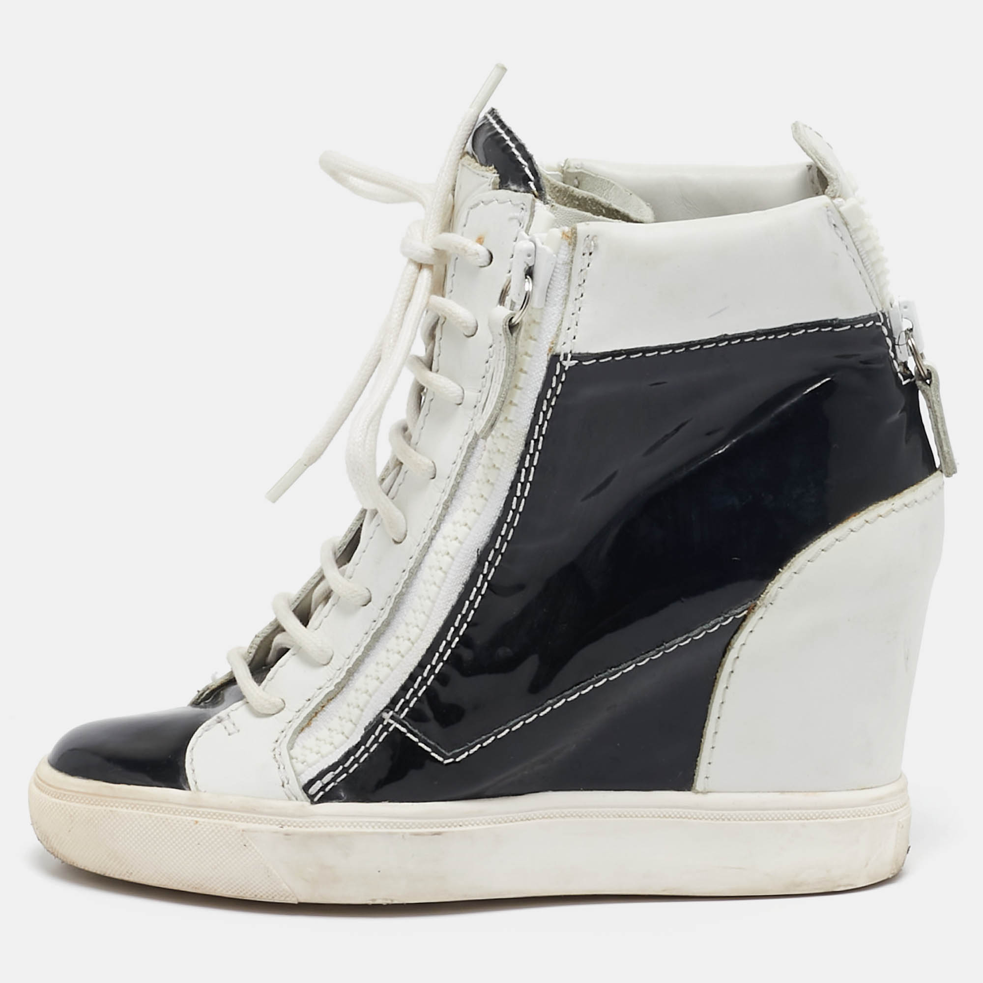 

Giuseppe Zanotti Black/White Leather and Patent Leather Lorenz Wedge Sneakers Size