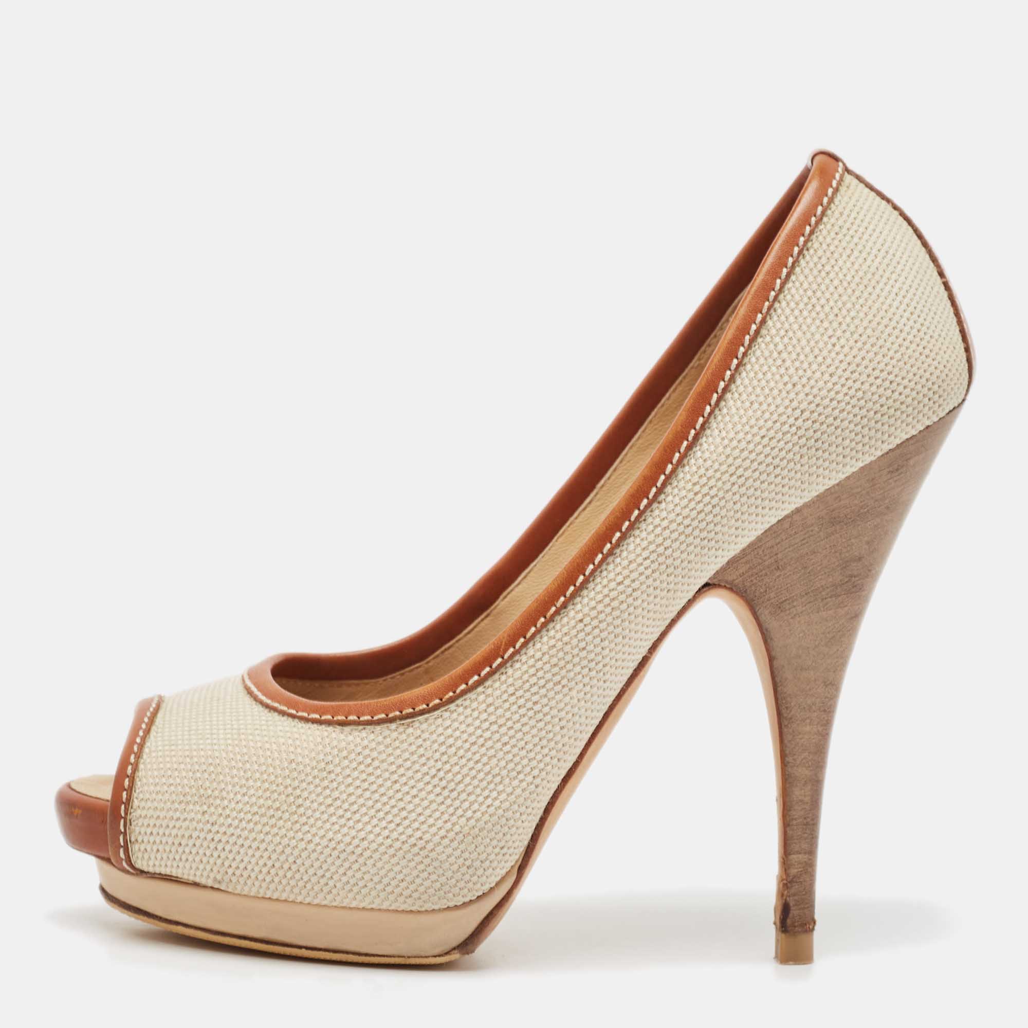 

Giuseppe Zanotti Beige/Brown Canvas Peep Toe Platform Pumps Size