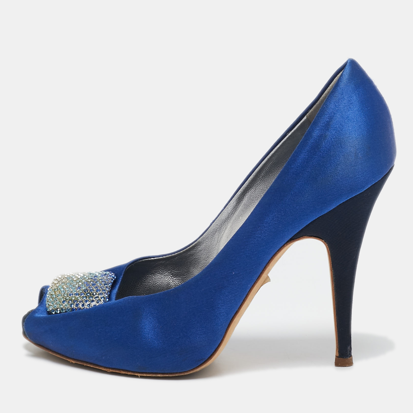 

Giuseppe Zanotti Blue Satin Crystal Embellished Peep Toe Platform Pumps Size