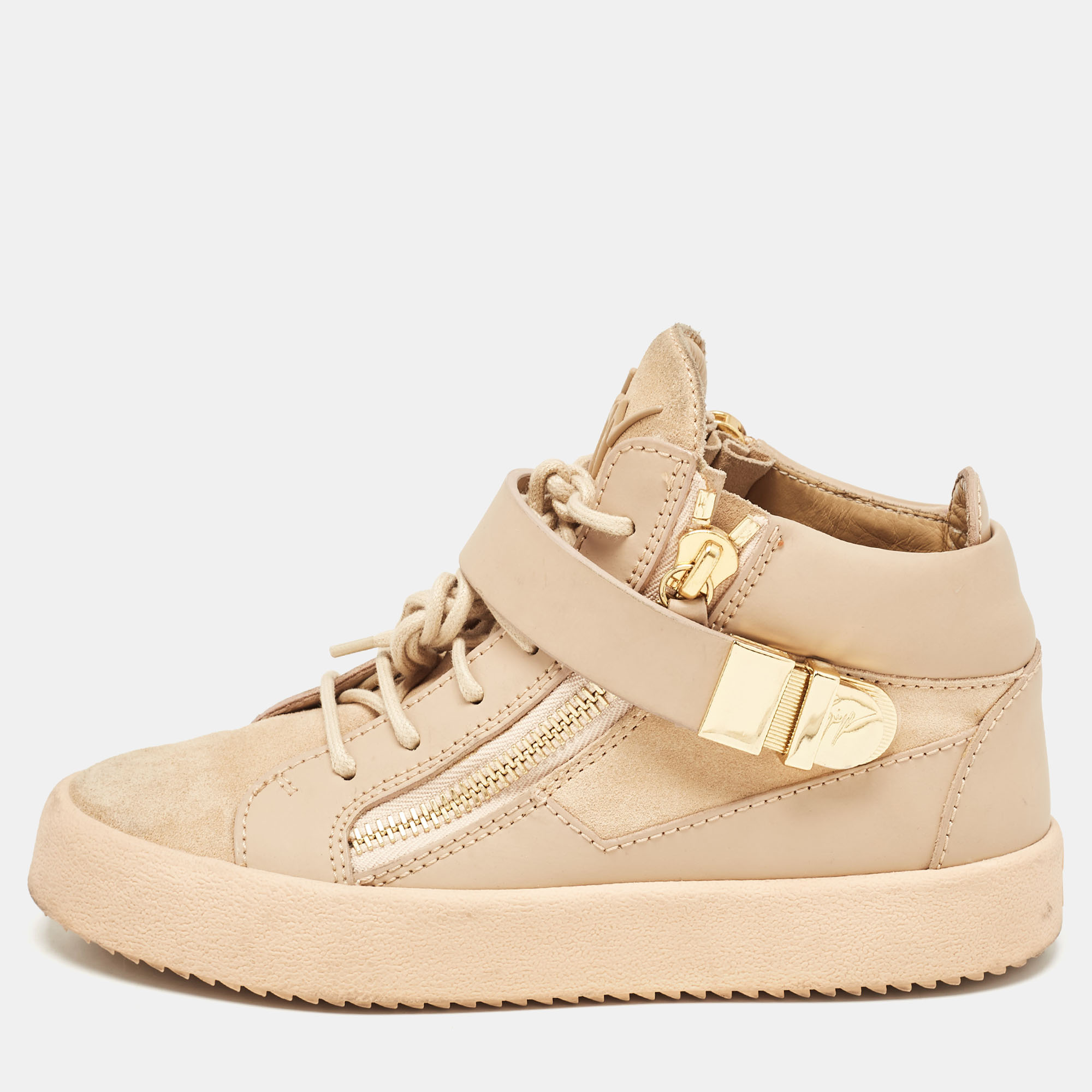 

Giuseppe Zanotti Beige Suede and Leather Double Zipper High Top Sneakers Size