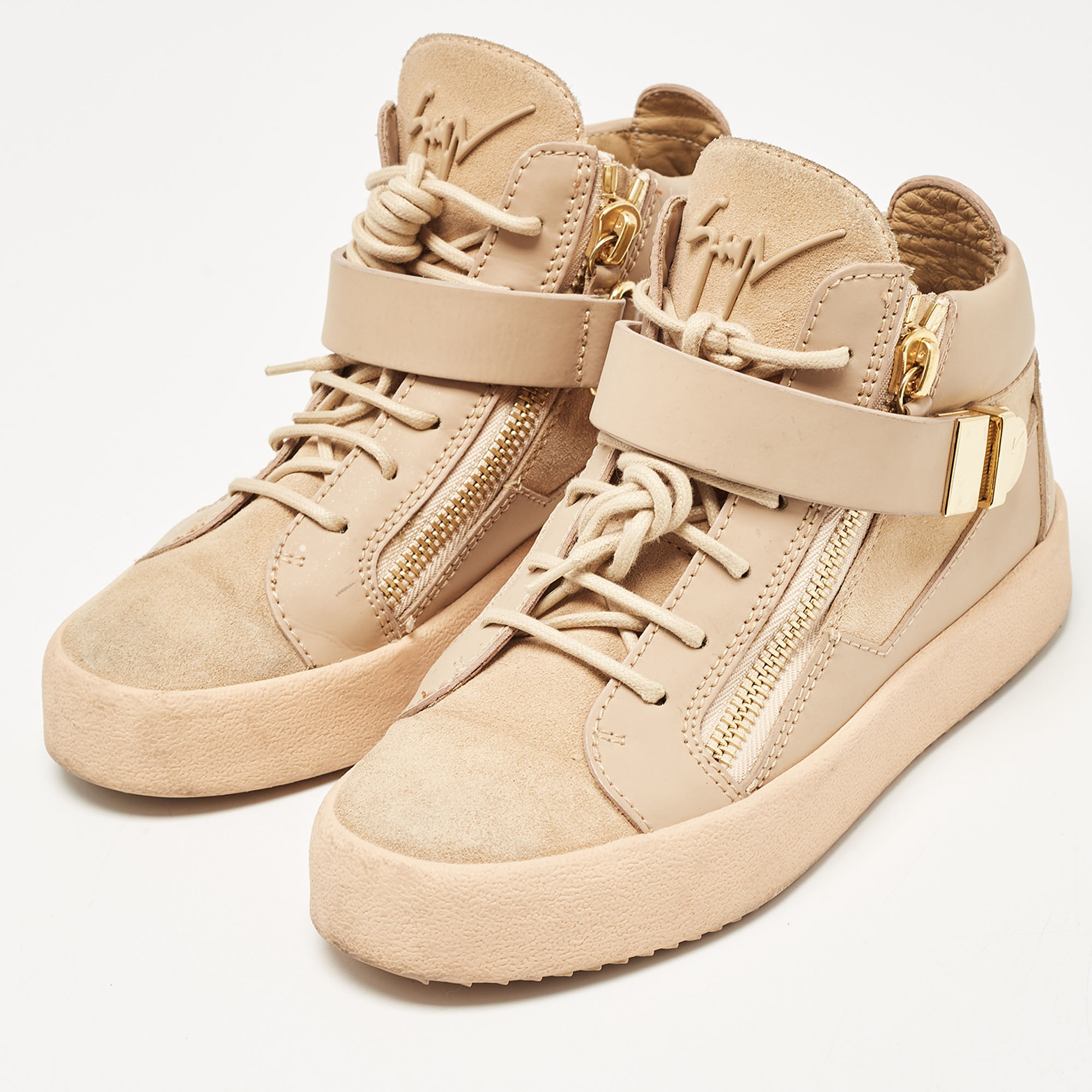 Giuseppe Zanotti Beige  Suede and Leather Double Zipper High Top Sneakers Size 37 