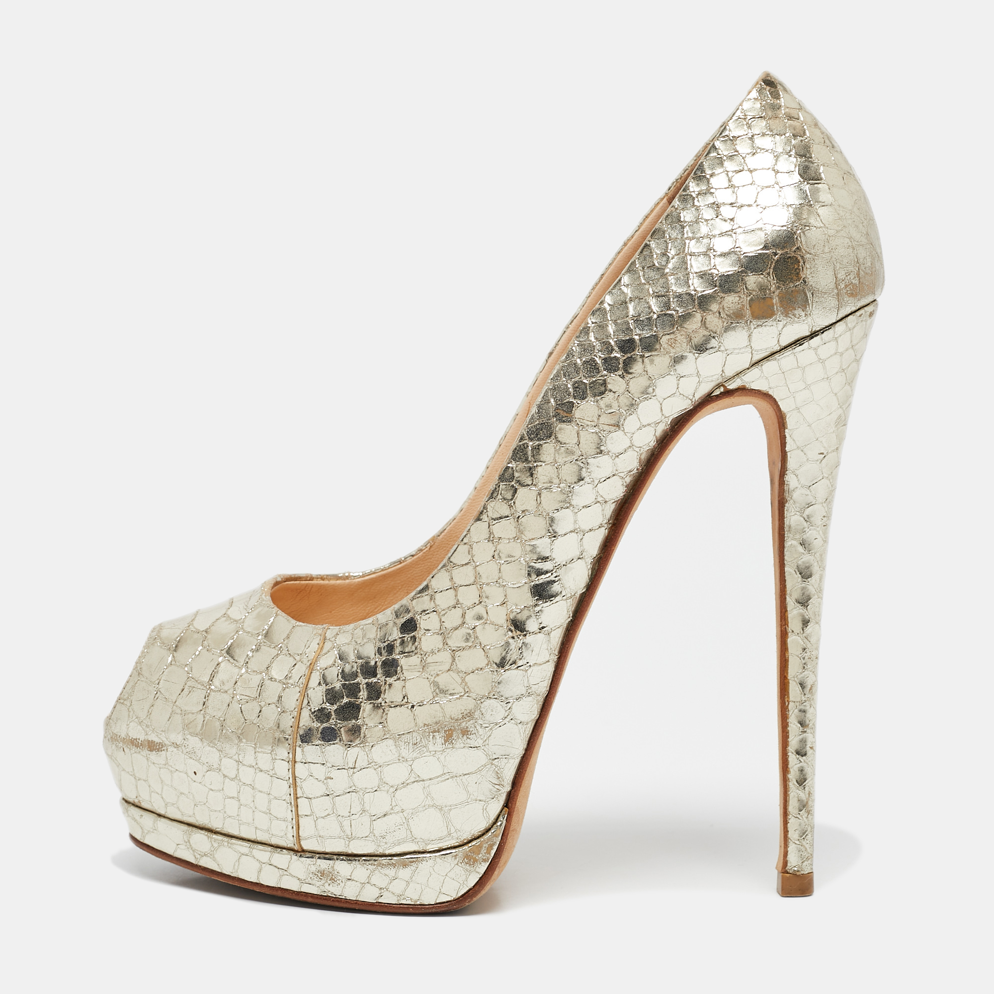 

Giuseppe Zanotti Gold Python Embossed Leather Peep Toe Platform Pumps Size