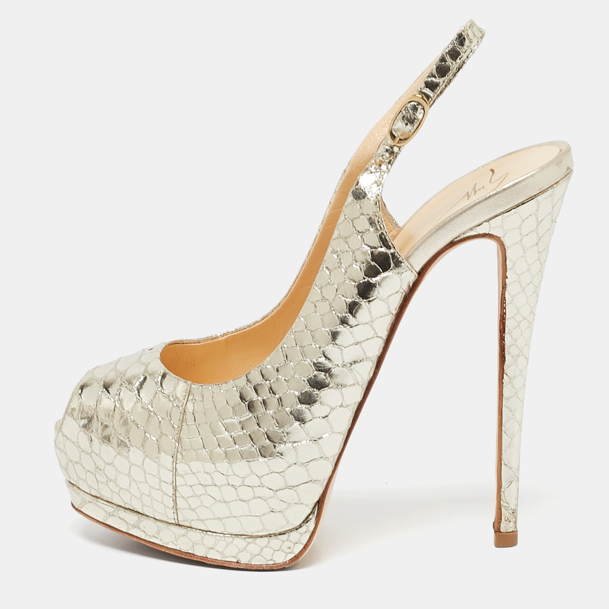 

Giuseppe Zanotti Gold Python Embossed Leather Peep Toe Slingback Sandals Size