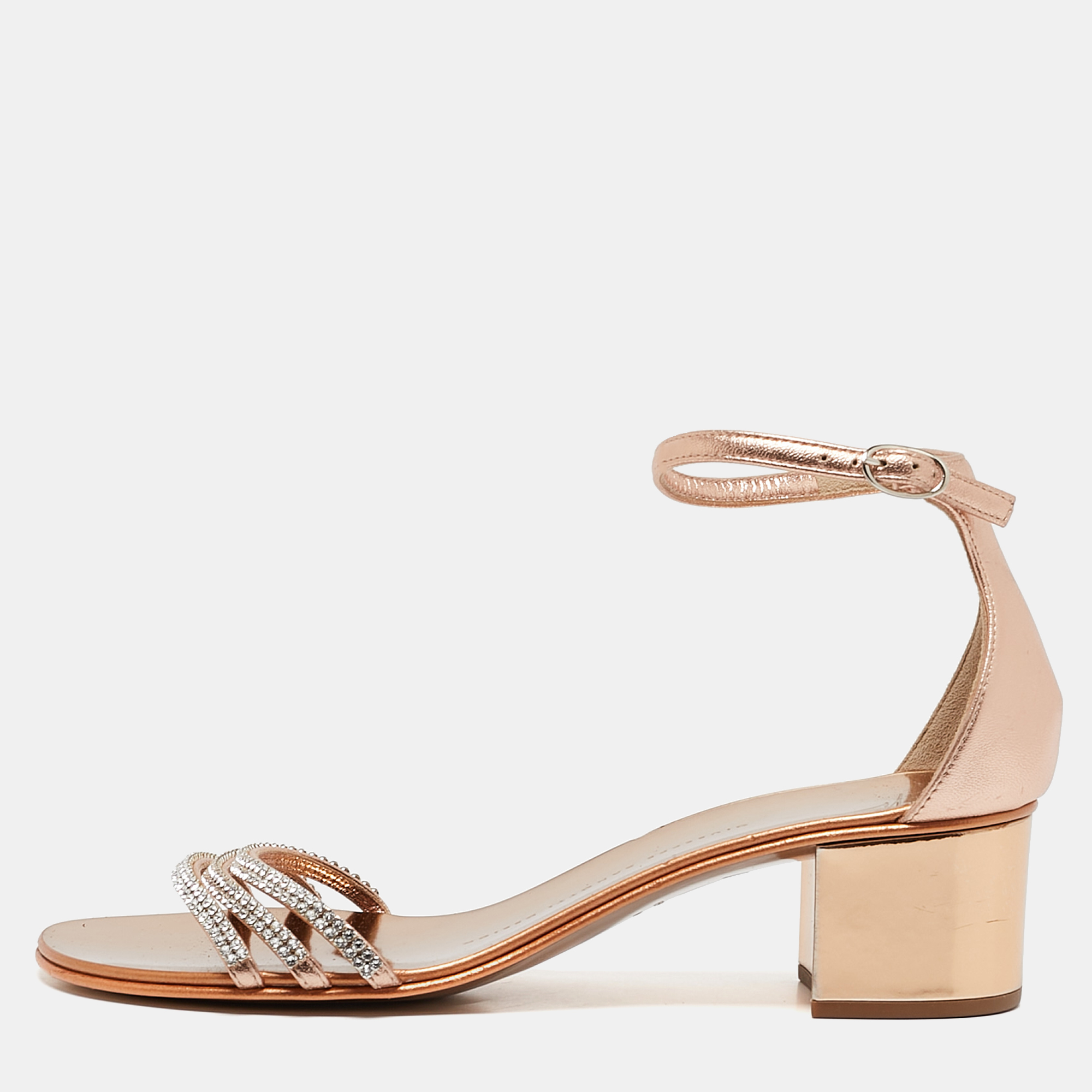 

Giuseppe Zanotti Metallic Gold Leather Crystal Embellished Ankle Strap Flat Sandals Size