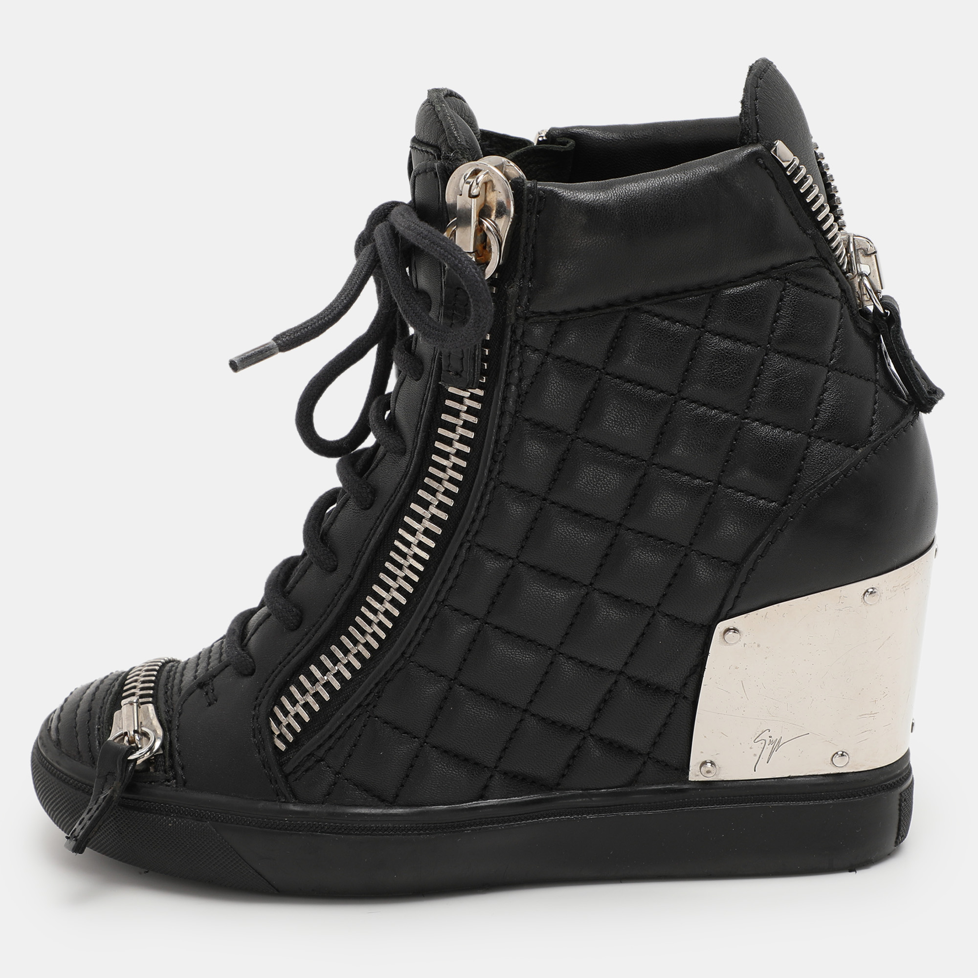 

Giuseppe Zanotti Black Quilted Leather Lorenz Wedge Sneakers Size