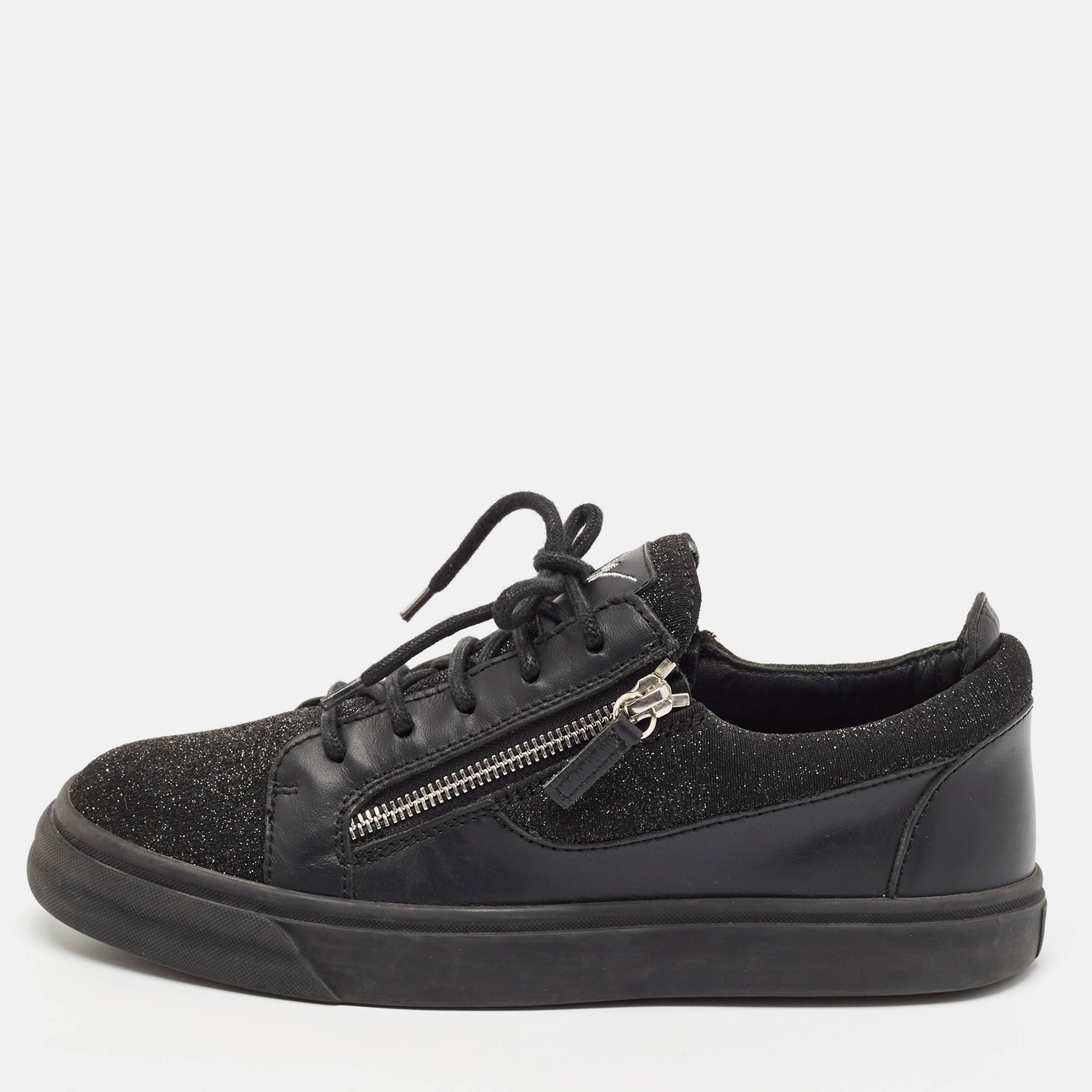 

Giuseppe Zanotti Black Metallic Knit Fabric and Leather Frankie Low Top Sneakers Size