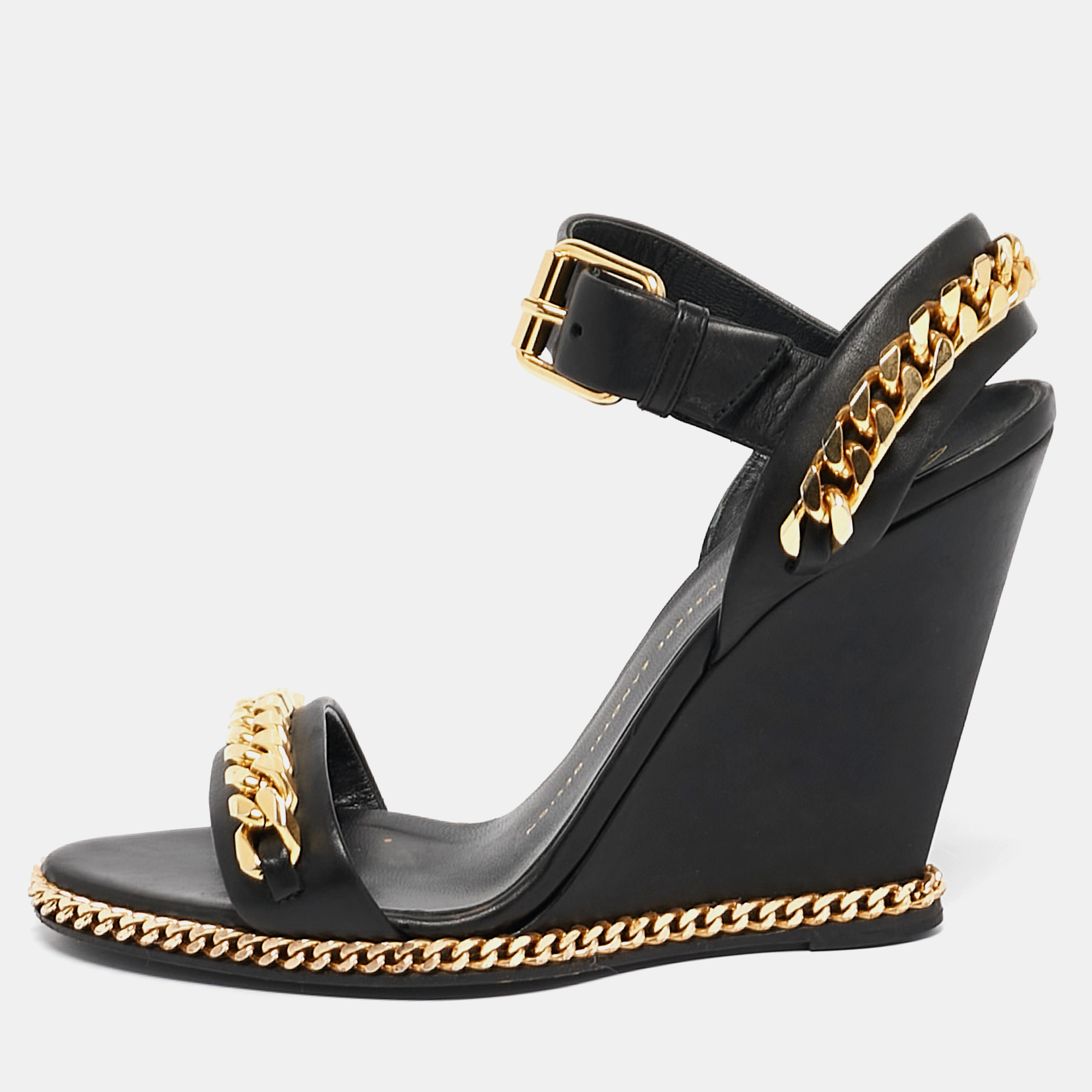 

Giuseppe Zanotti Black Leather Chain Link Detail Wedge Ankle Strap Sandals Size