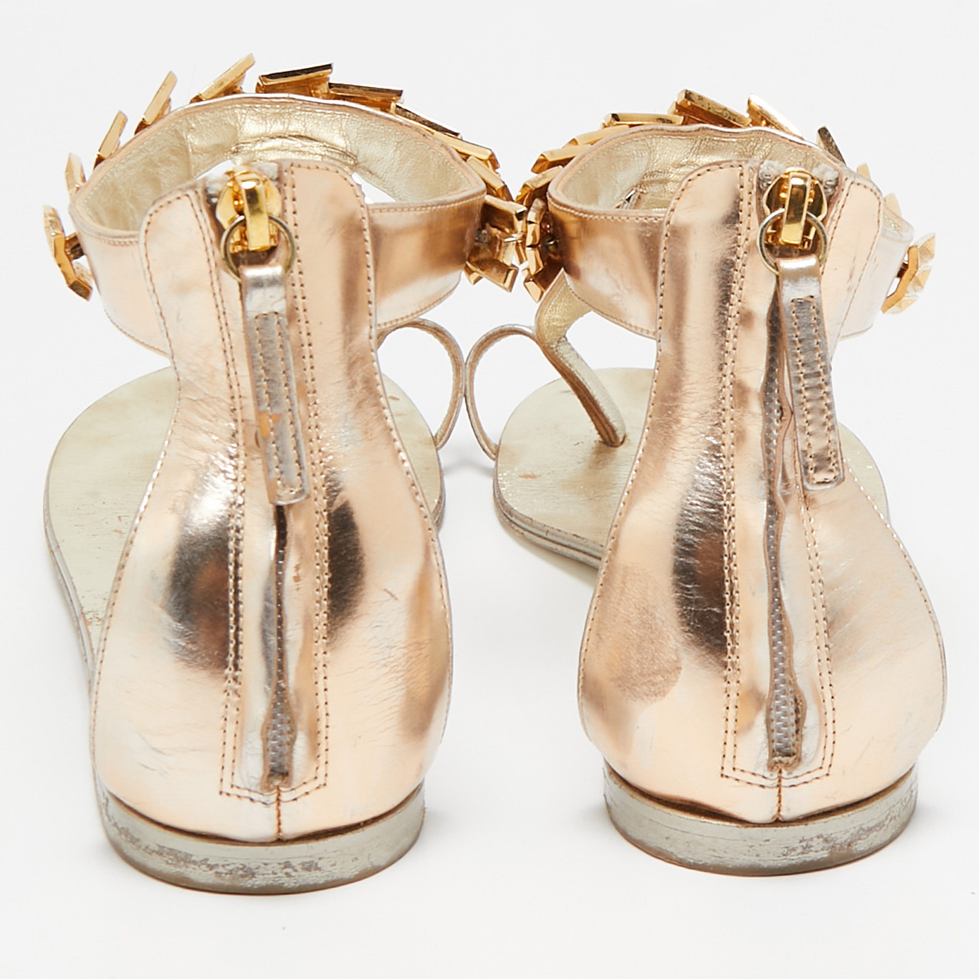 Giuseppe Zanotti Gold Leather Embellished Ankle Strap Flat Sandals Size 41 